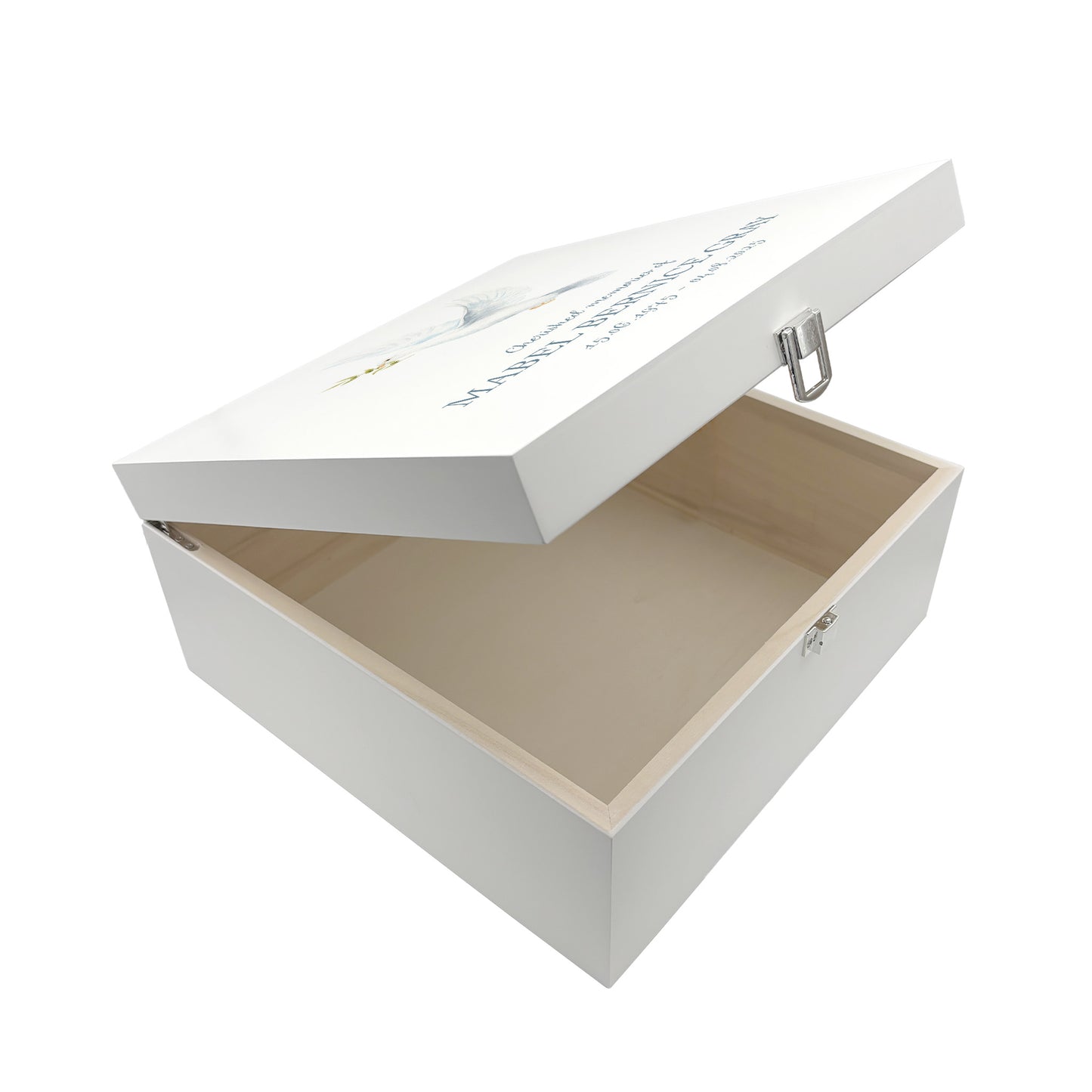 White Square personalised Wooden box with a decorative lid featuring illustrations of a Flying Dove, Perfect funeral memory keepsake box, for storing ashes, order of service, flowers and capturing your loved ones things in one place. 