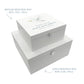 White Square personalised Wooden box with a decorative lid featuring illustrations of a Flying Dove, Perfect funeral memory keepsake box, for storing ashes, order of service, flowers and capturing your loved ones things in one place. 