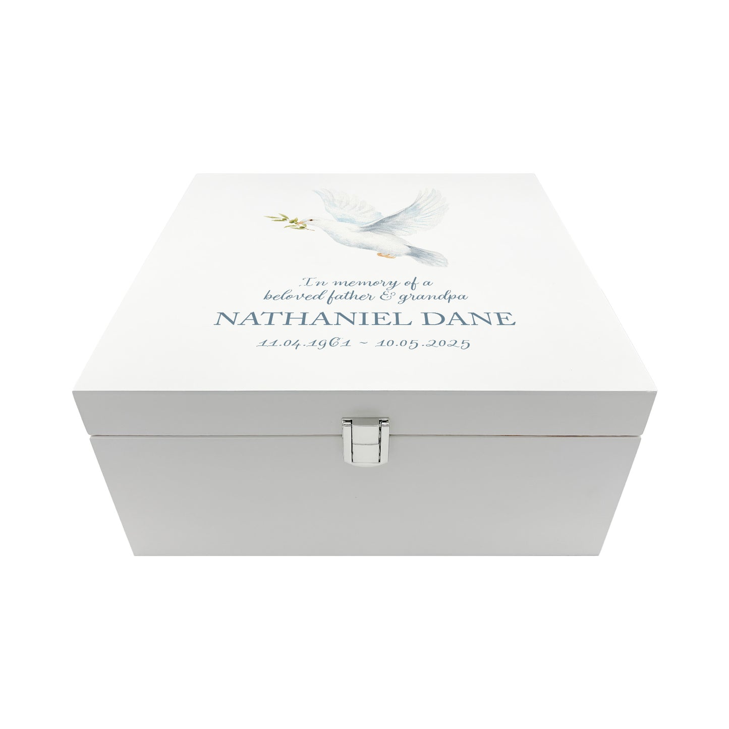 White Square personalised Wooden box with a decorative lid featuring illustrations of a Flying Dove, Perfect funeral memory keepsake box, for storing ashes, order of service, flowers and capturing your loved ones things in one place. 