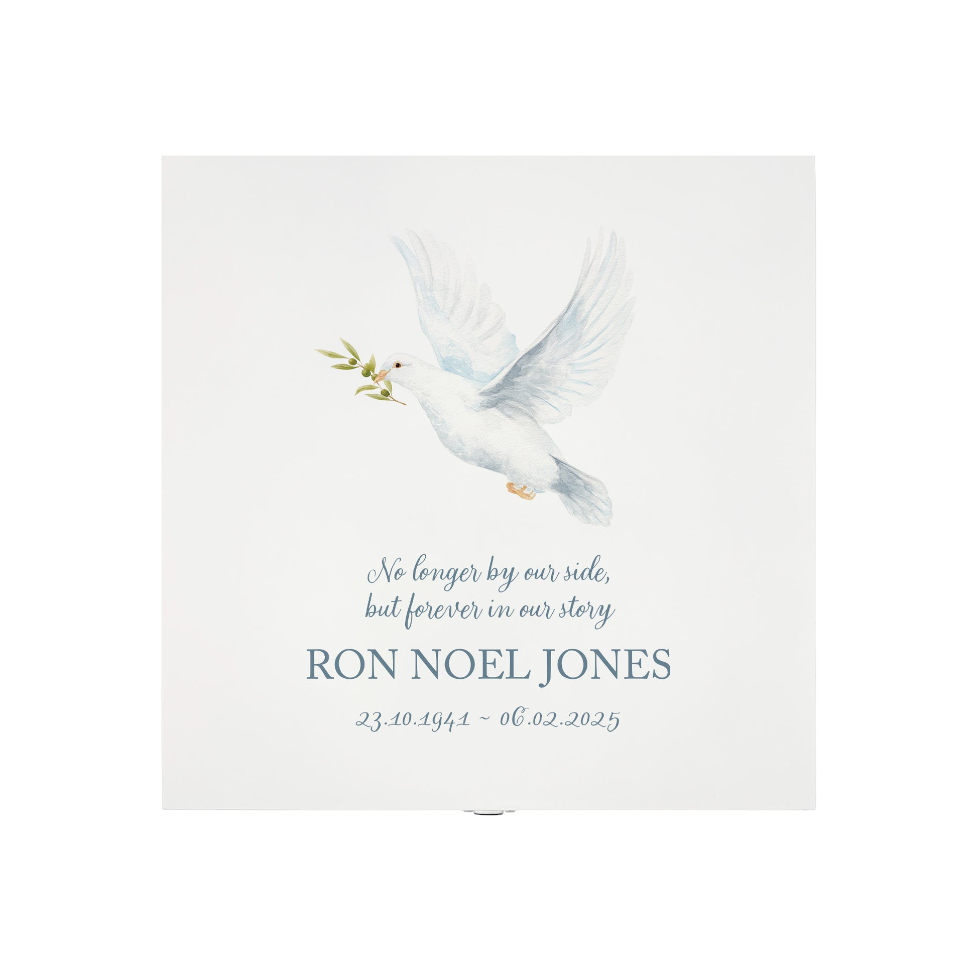 White Square personalised Wooden box with a decorative lid featuring illustrations of a Flying Dove, Perfect funeral memory keepsake box, for storing ashes, order of service, flowers and capturing your loved ones things in one place. 
