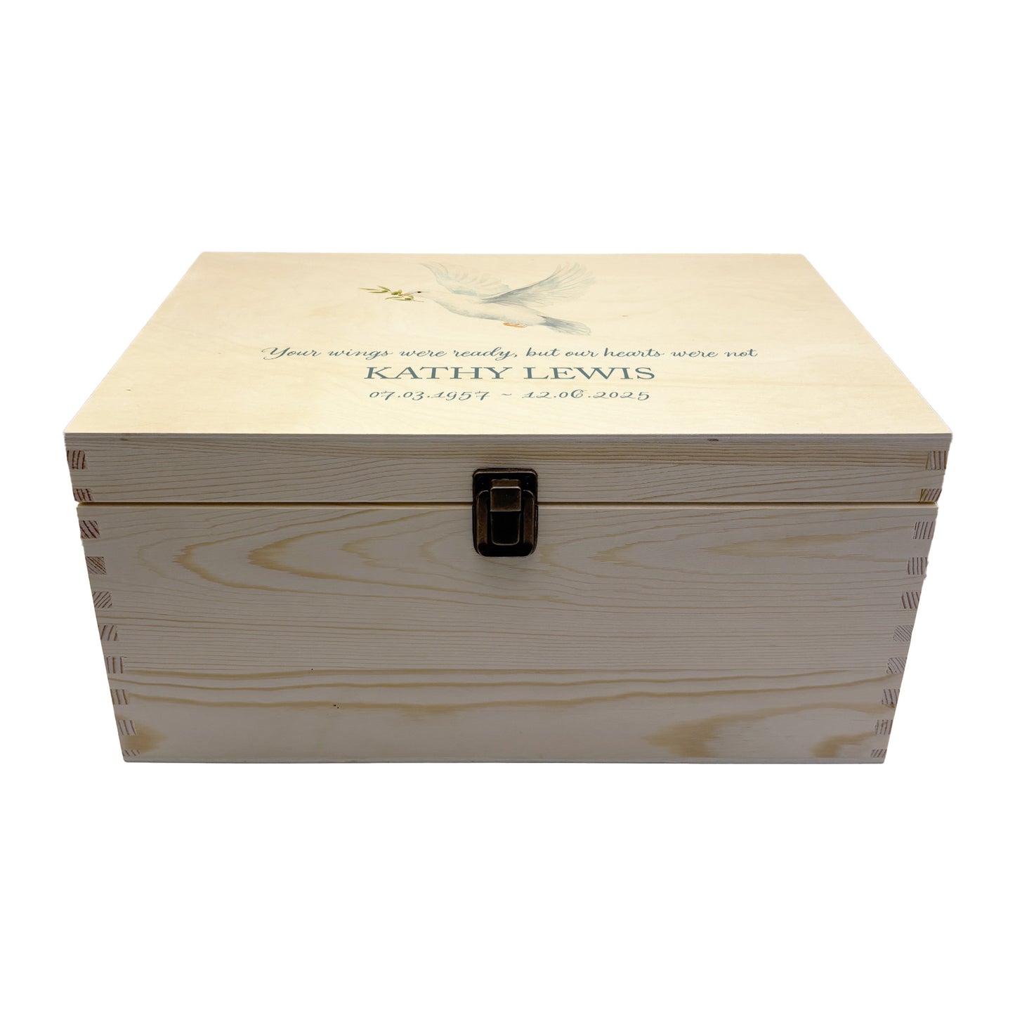 Wooden box with a decorative lid featuring illustrations of a Flying Dove  Perfect funeral memory keepsake box, for storing ashes, order of service, flowers. capturing your loved ones favourite hobby