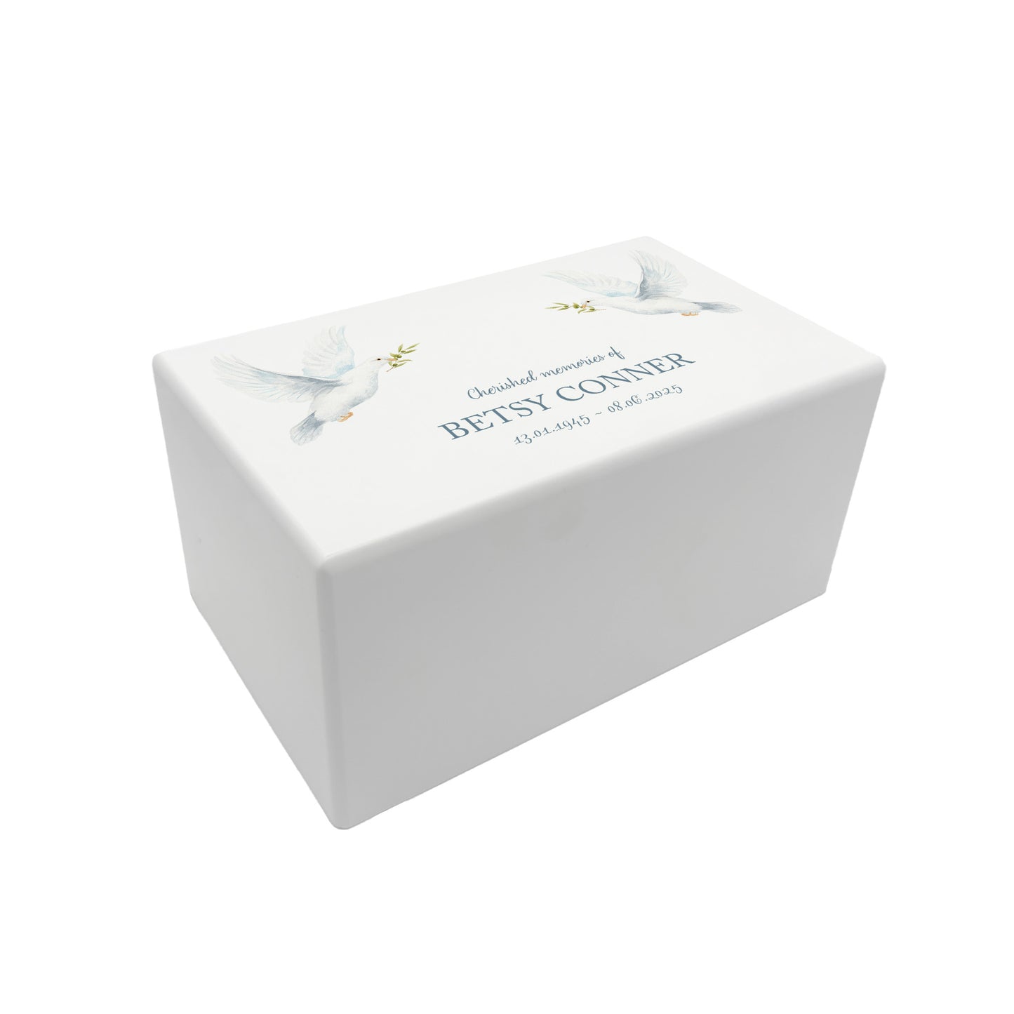 Luxury solid wooden white painted Urn with Doves flying, a watercolour illustration, our urns and Caskets for displaying or burying ashes. Customisable and can be personalised. Perfect funeral memory keepsake urn, for storing ashes for humans and pets. 