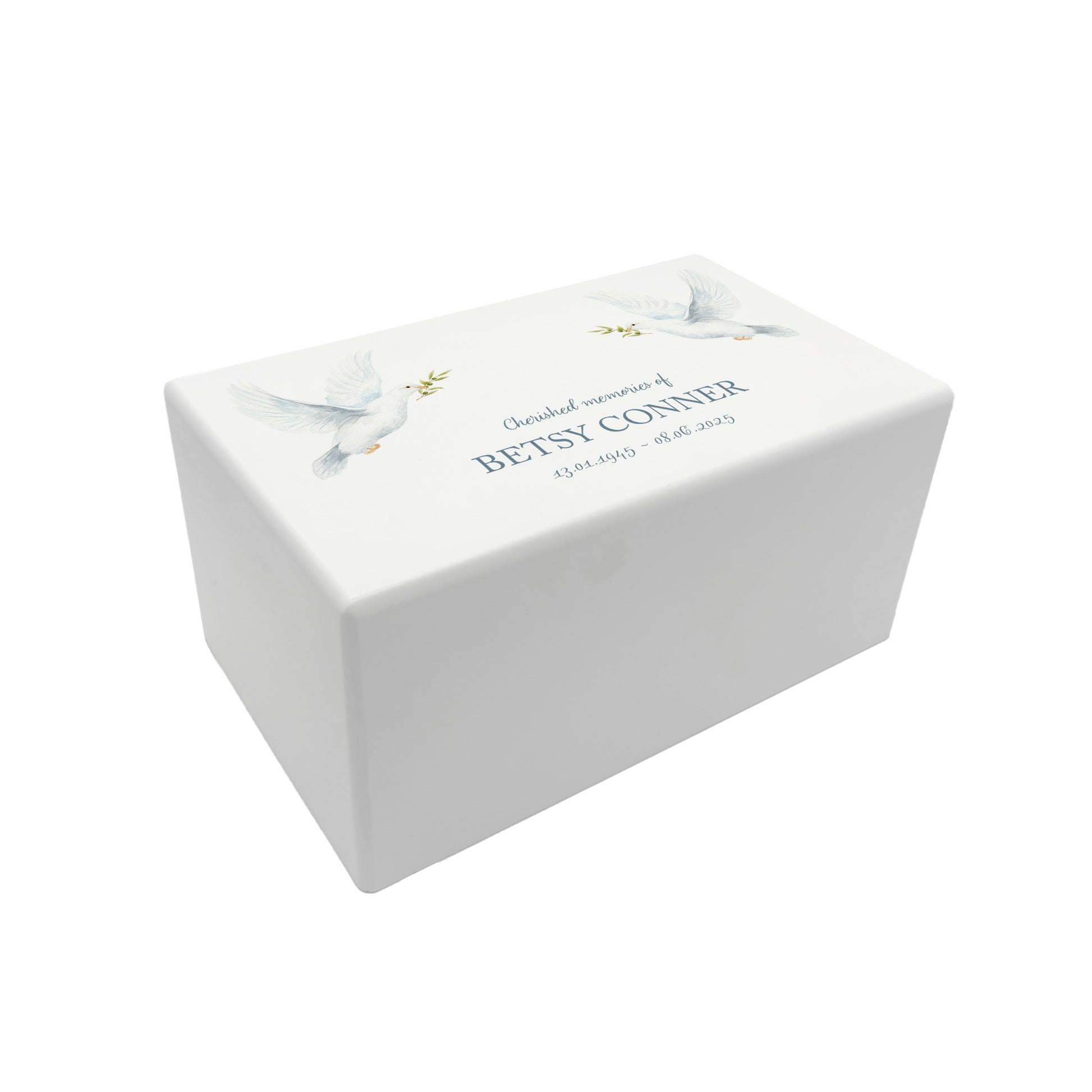 Luxury solid wooden white painted Urn with Doves flying, a watercolour illustration, our urns and Caskets for displaying or burying ashes. Customisable and can be personalised. Perfect funeral memory keepsake urn, for storing ashes for humans and pets. 