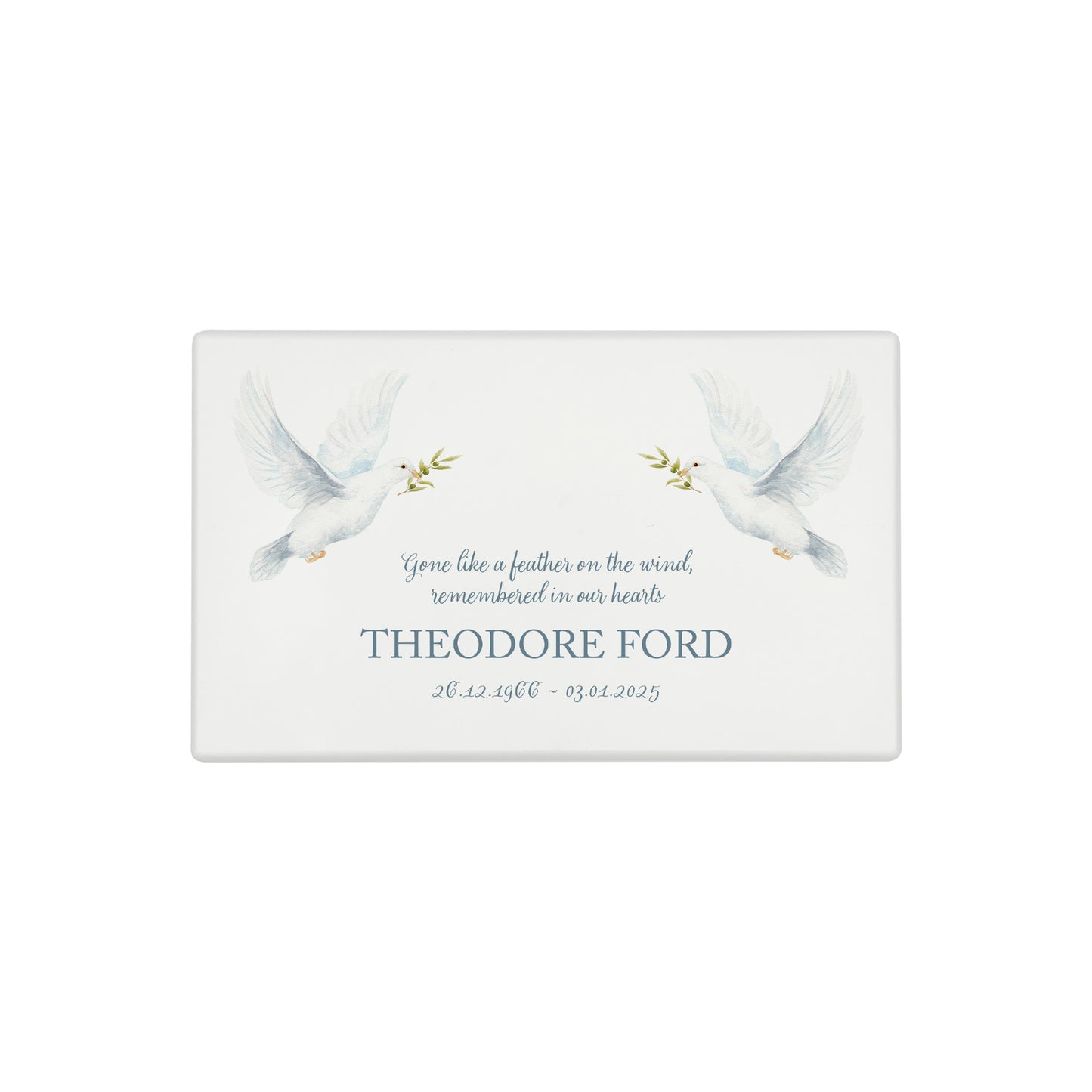 Luxury solid wooden white painted Urn with Doves flying, a watercolour illustration, our urns and Caskets for displaying or burying ashes. Customisable and can be personalised. Perfect funeral memory keepsake urn, for storing ashes for humans and pets. 