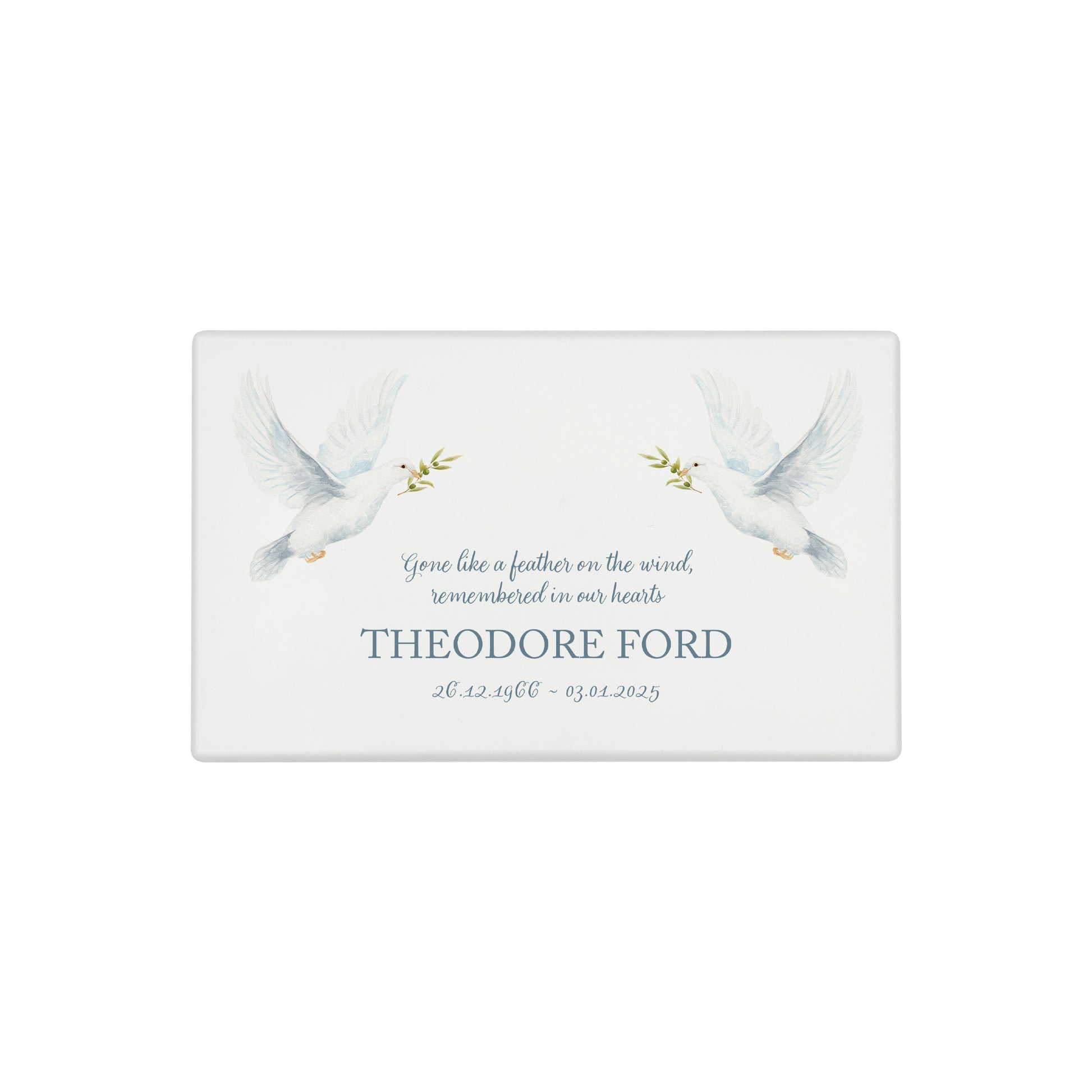 Luxury solid wooden white painted Urn with Doves flying, a watercolour illustration, our urns and Caskets for displaying or burying ashes. Customisable and can be personalised. Perfect funeral memory keepsake urn, for storing ashes for humans and pets. 