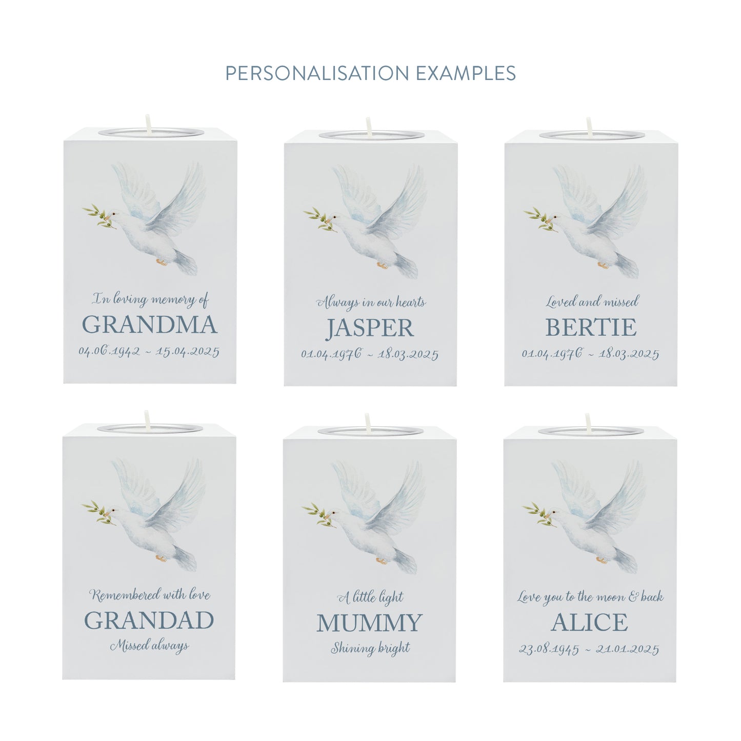wooden cuboid luxury tealight holder with gorgeous personalised options . Each product is lovingly designed, handmade with our Countryside inspired watercolour designs. This design features a Dove, unique designs to remember a loved on, great for memorial occasions 