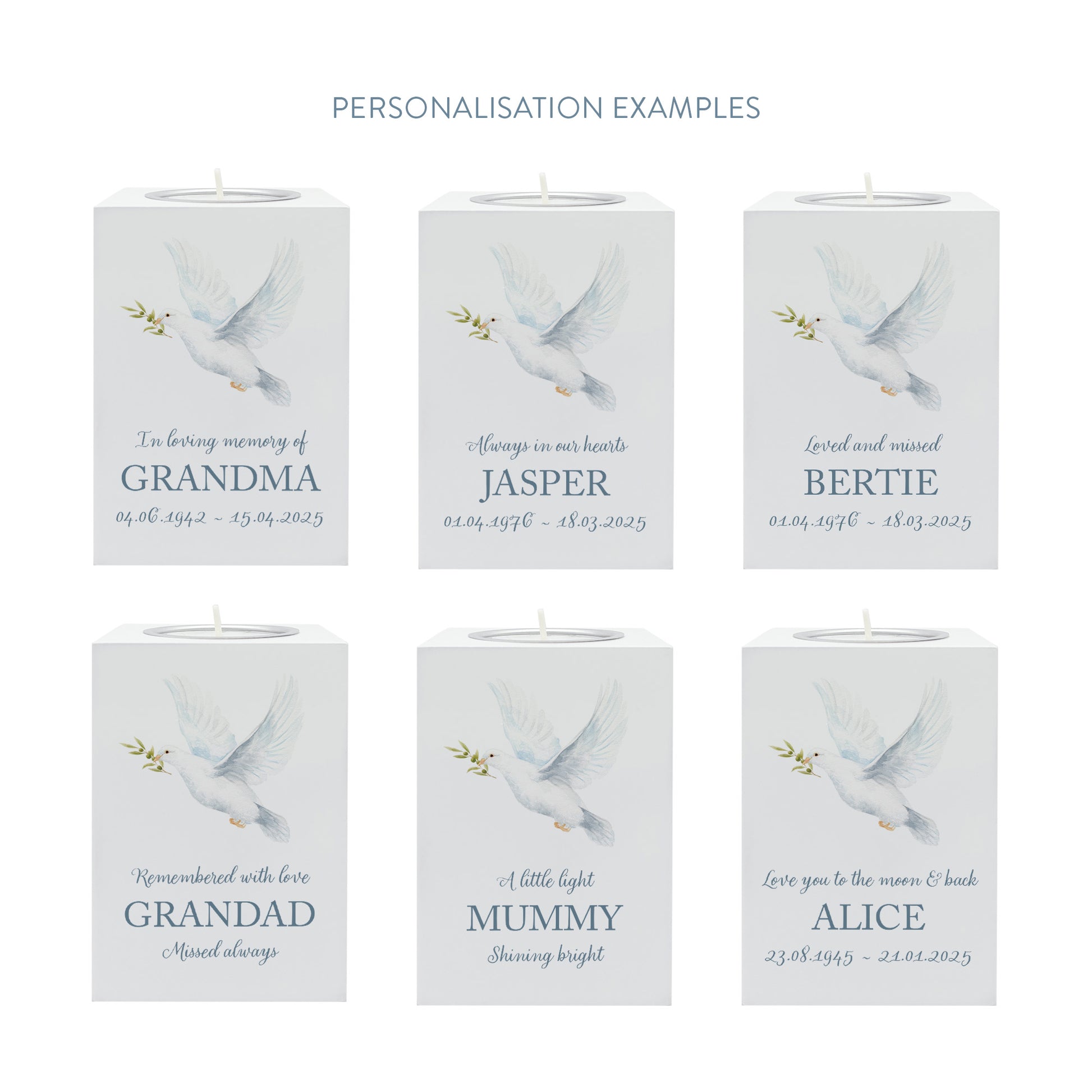 wooden cuboid luxury tealight holder with gorgeous personalised options . Each product is lovingly designed, handmade with our Countryside inspired watercolour designs. This design features a Dove, unique designs to remember a loved on, great for memorial occasions 