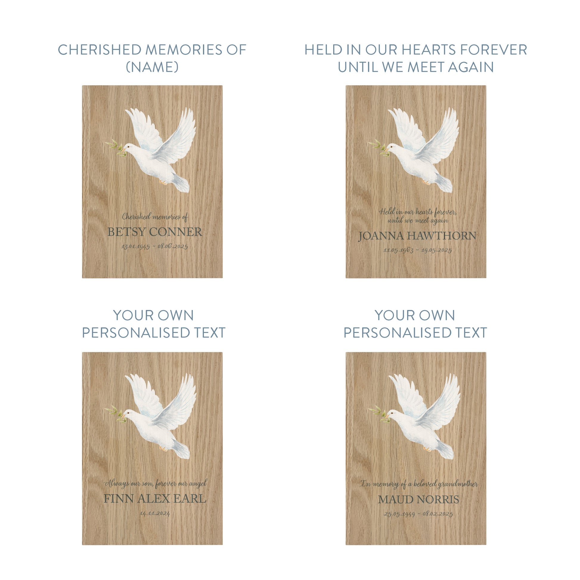 Memorial Solid Oak Photo Frame, personalise with your own message or select from our drop down selection. handmade watercolour paintings, this design features a flying Dove with a sprig. 