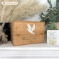 A beautifully crafted solid Bamboo wooden urn, personalised and finished with a soft watercolour design of a flying Dove, Thoughtfully made for either display or burial, this personalised urn can be customised to create a meaningful memorial. Perfect for holding ashes of a loved one or a beloved pet, it serves as a comforting tribute and keepsake. 