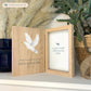 Memorial Solid Oak Photo Frame, personalise with your own message or select from our drop down selection. handmade watercolour paintings, this design features a flying Dove with a sprig. 