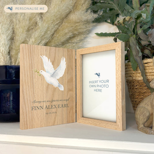 Memorial Solid Oak Photo Frame, personalise with your own message or select from our drop down selection. handmade watercolour paintings, this design features a flying Dove with a sprig. 
