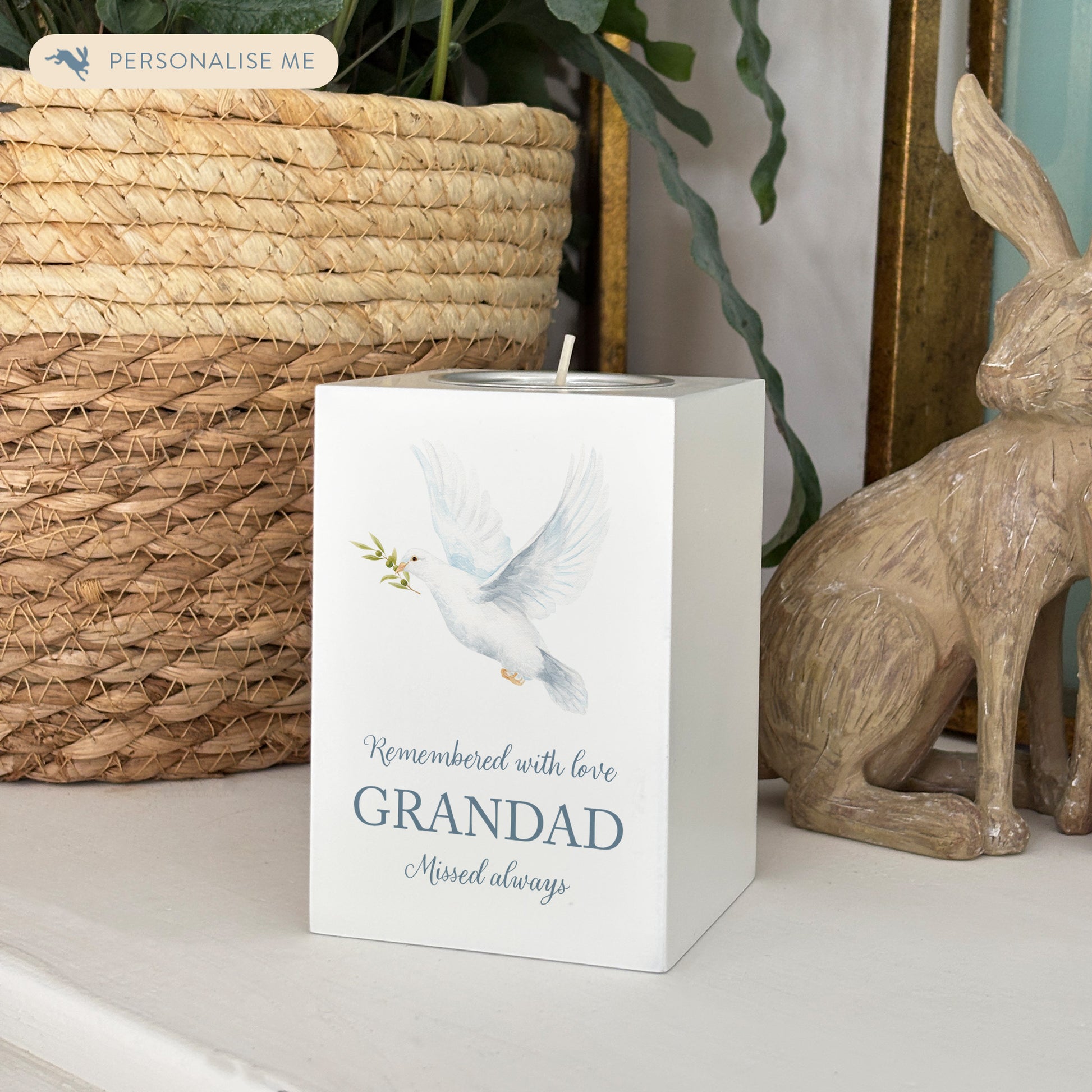 wooden cuboid luxury tealight holder with gorgeous personalised options . Each product is lovingly designed, handmade with our Countryside inspired watercolour designs. This design features a Dove, unique designs to remember a loved on, great for memorial occasions 