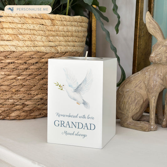 wooden cuboid luxury tealight holder with gorgeous personalised options . Each product is lovingly designed, handmade with our Countryside inspired watercolour designs. This design features a Dove, unique designs to remember a loved on, great for memorial occasions 