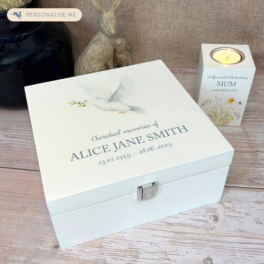 White Square personalised Wooden box with a decorative lid featuring illustrations of a Flying Dove, Perfect funeral memory keepsake box, for storing ashes, order of service, flowers and capturing your loved ones things in one place. 