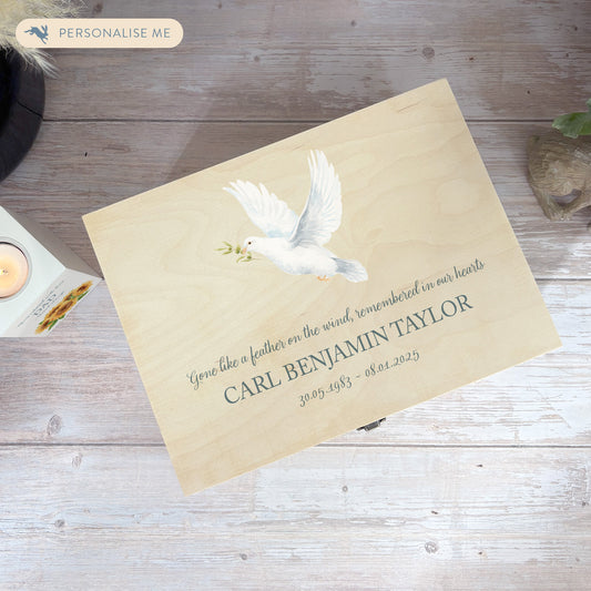 Wooden box with a decorative lid featuring illustrations of a Flying Dove  Perfect funeral memory keepsake box, for storing ashes, order of service, flowers. capturing your loved ones favourite hobby