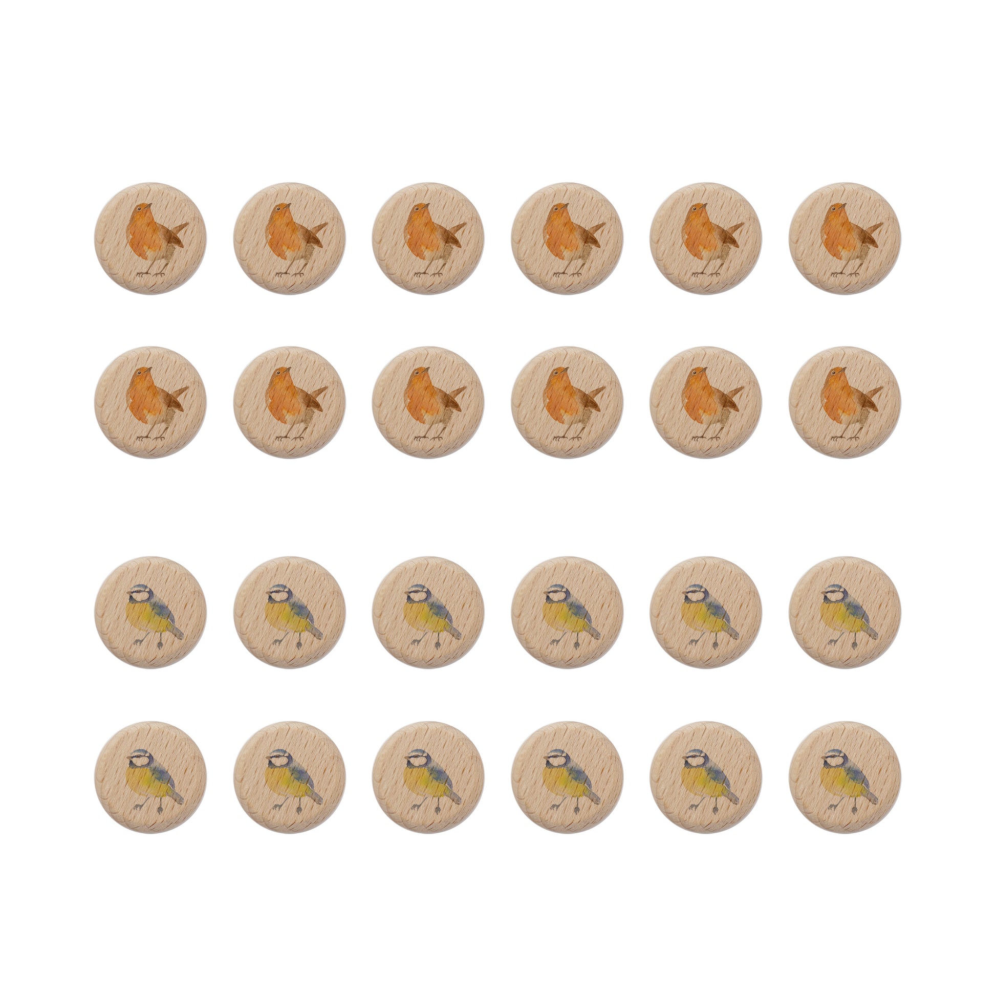 Set of wooden draughts or checkers counters with British bird illustrations. One set shows robins, and one set shows blue tits.