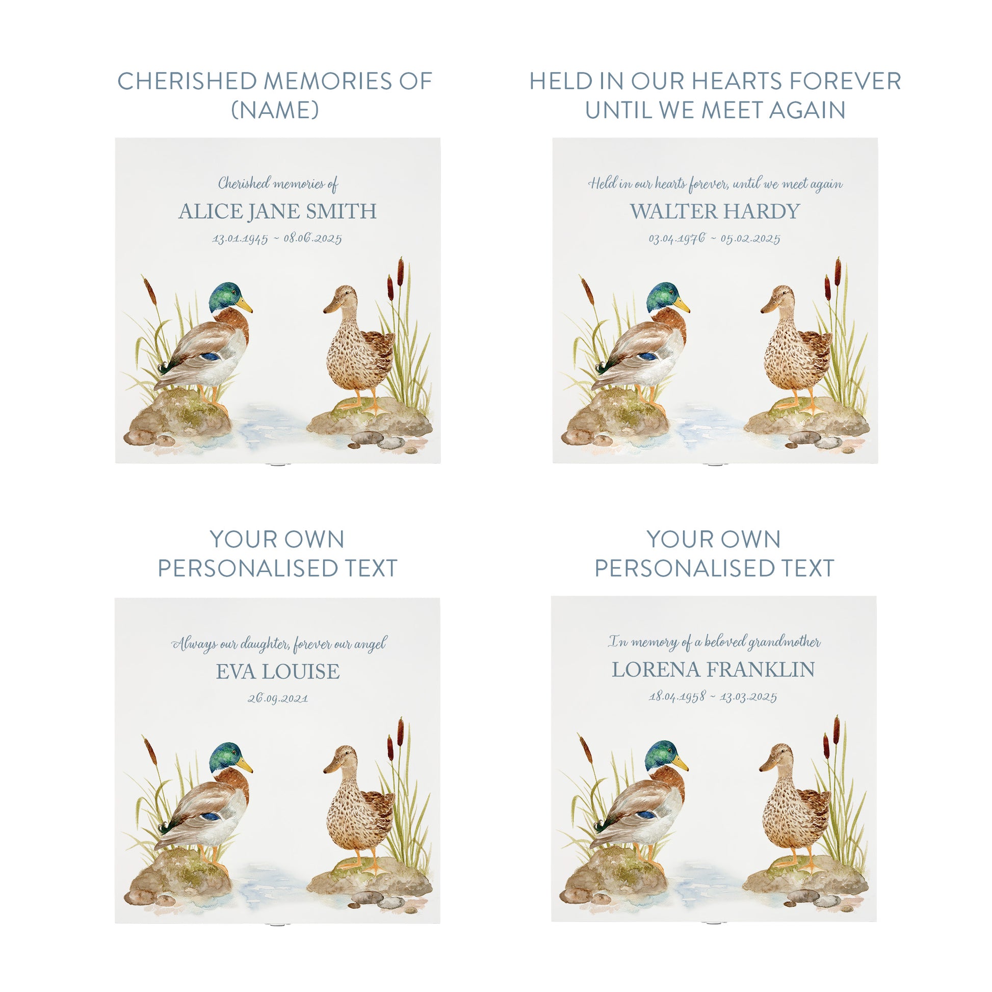 White Square personalised Wooden box with a decorative lid featuring illustrations of Ducks on a bank Perfect funeral memory keepsake box, for storing ashes, order of service, flowers and capturing your loved ones things in one place.