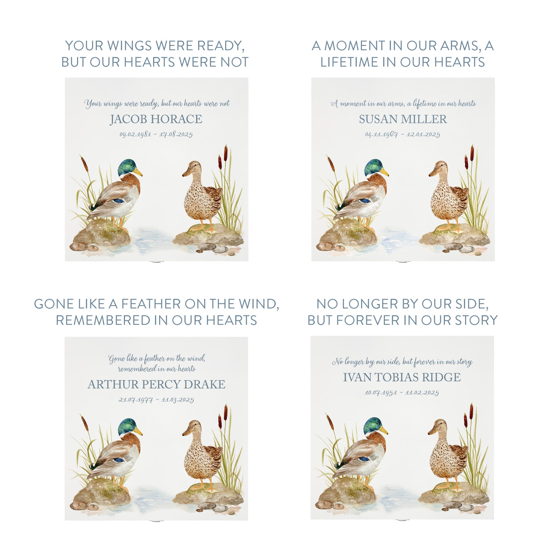 White Square personalised Wooden box with a decorative lid featuring illustrations of Ducks on a bank Perfect funeral memory keepsake box, for storing ashes, order of service, flowers and capturing your loved ones things in one place.