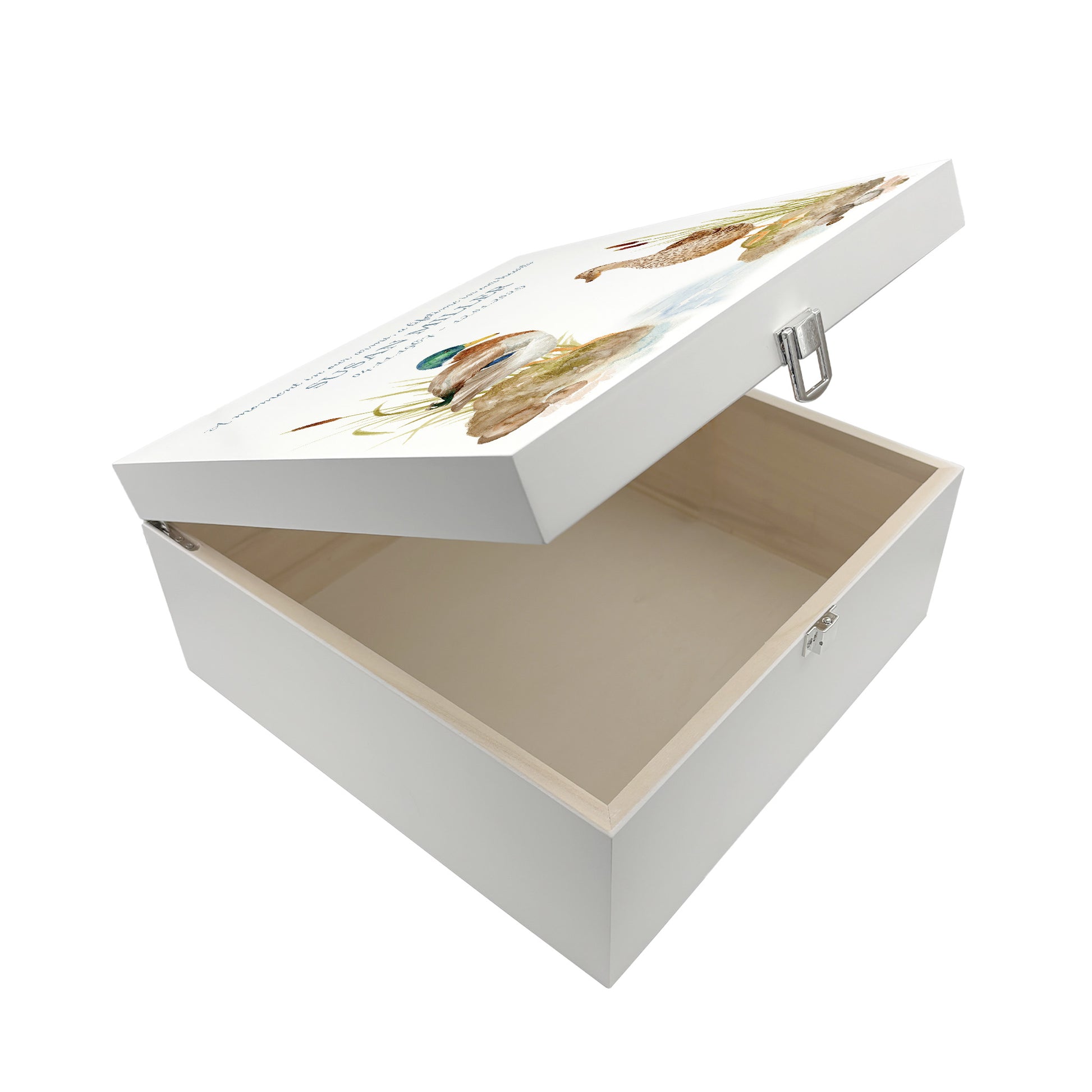 White Square personalised Wooden box with a decorative lid featuring illustrations of Ducks on a bank Perfect funeral memory keepsake box, for storing ashes, order of service, flowers and capturing your loved ones things in one place.