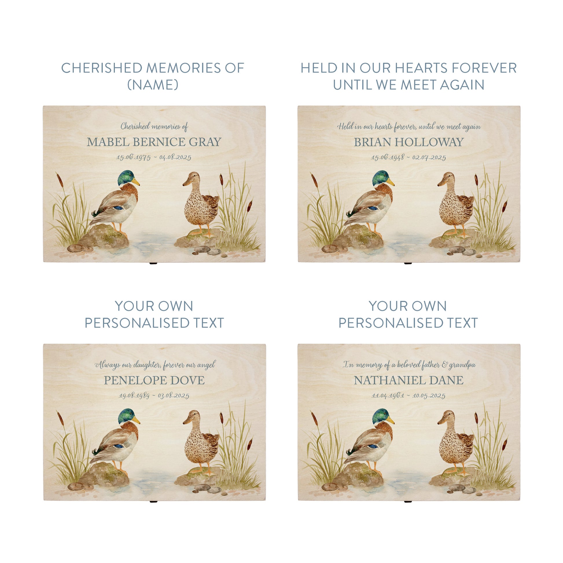 Wooden box with a lid featuring an illustration of two ducks on a wooden background Perfect funeral memory keepsake box, for storing ashes, order of service, flowers, pictures. 