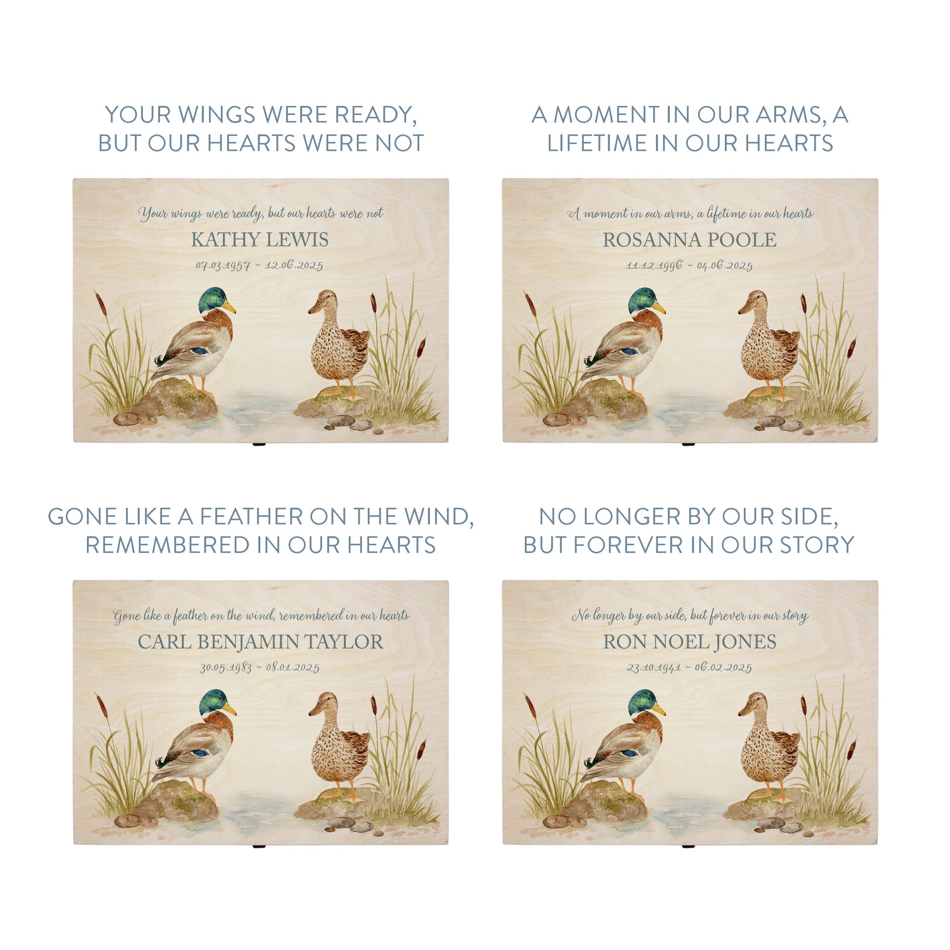 Wooden box with a lid featuring an illustration of two ducks on a wooden background Perfect funeral memory keepsake box, for storing ashes, order of service, flowers, pictures. 
