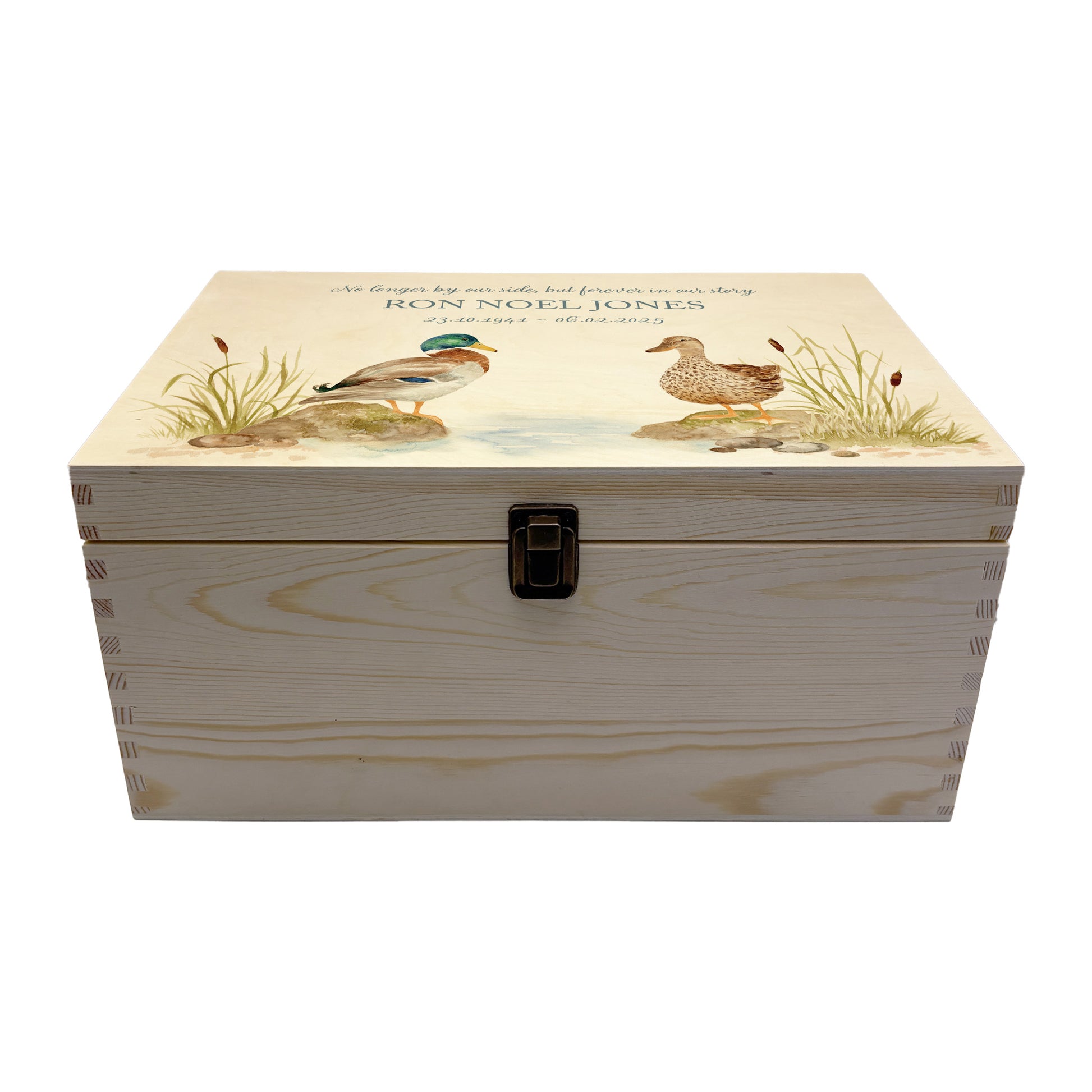 Wooden box with a lid featuring an illustration of two ducks on a wooden background Perfect funeral memory keepsake box, for storing ashes, order of service, flowers, pictures. 