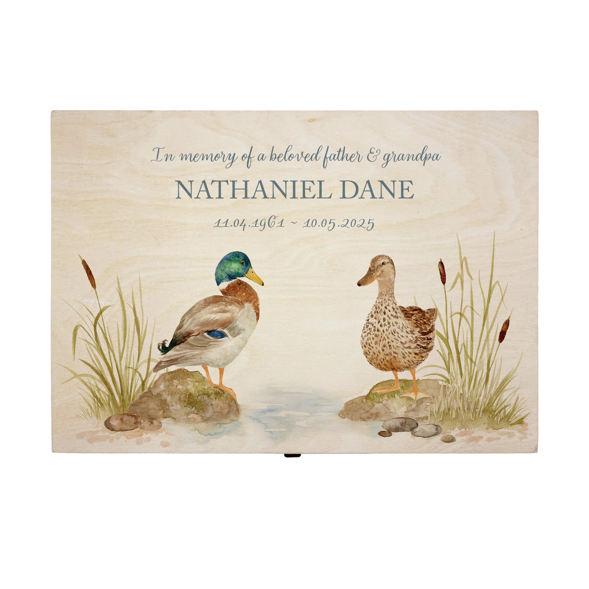 Wooden box with a lid featuring an illustration of two ducks on a wooden background Perfect funeral memory keepsake box, for storing ashes, order of service, flowers, pictures. 