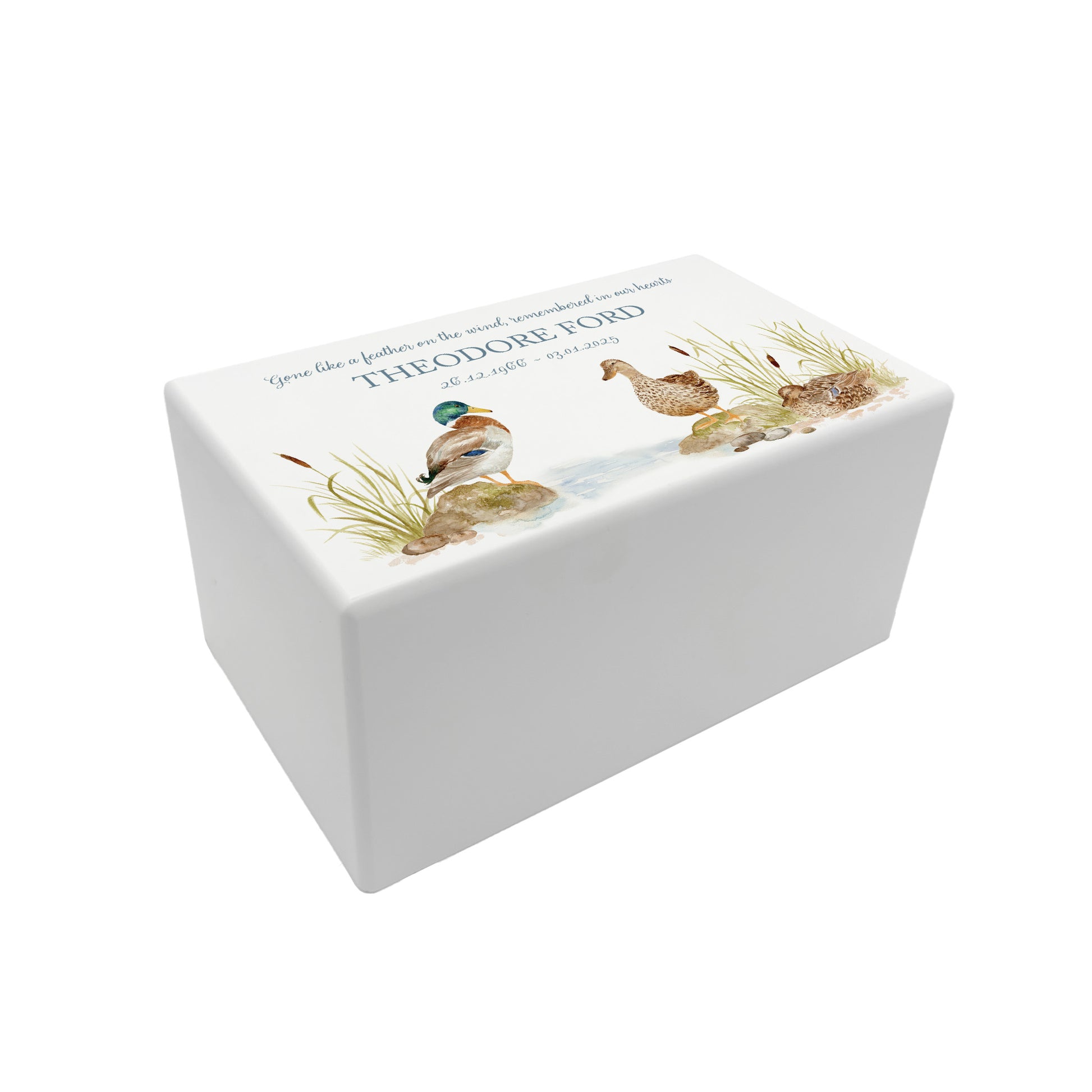 Luxury solid wooden white painted Urn ,  Featuring Ducks on a bank. A watercolour illustration, our urns and Caskets for displaying or burying ashes. Customisable and can be personalised. Perfect funeral memory keepsake urn, for storing ashes for humans and pets. 