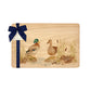 Handmade rectangular chopping board featuring a watercolour Mallard Ducks  illustration, finished with blue ribbon.