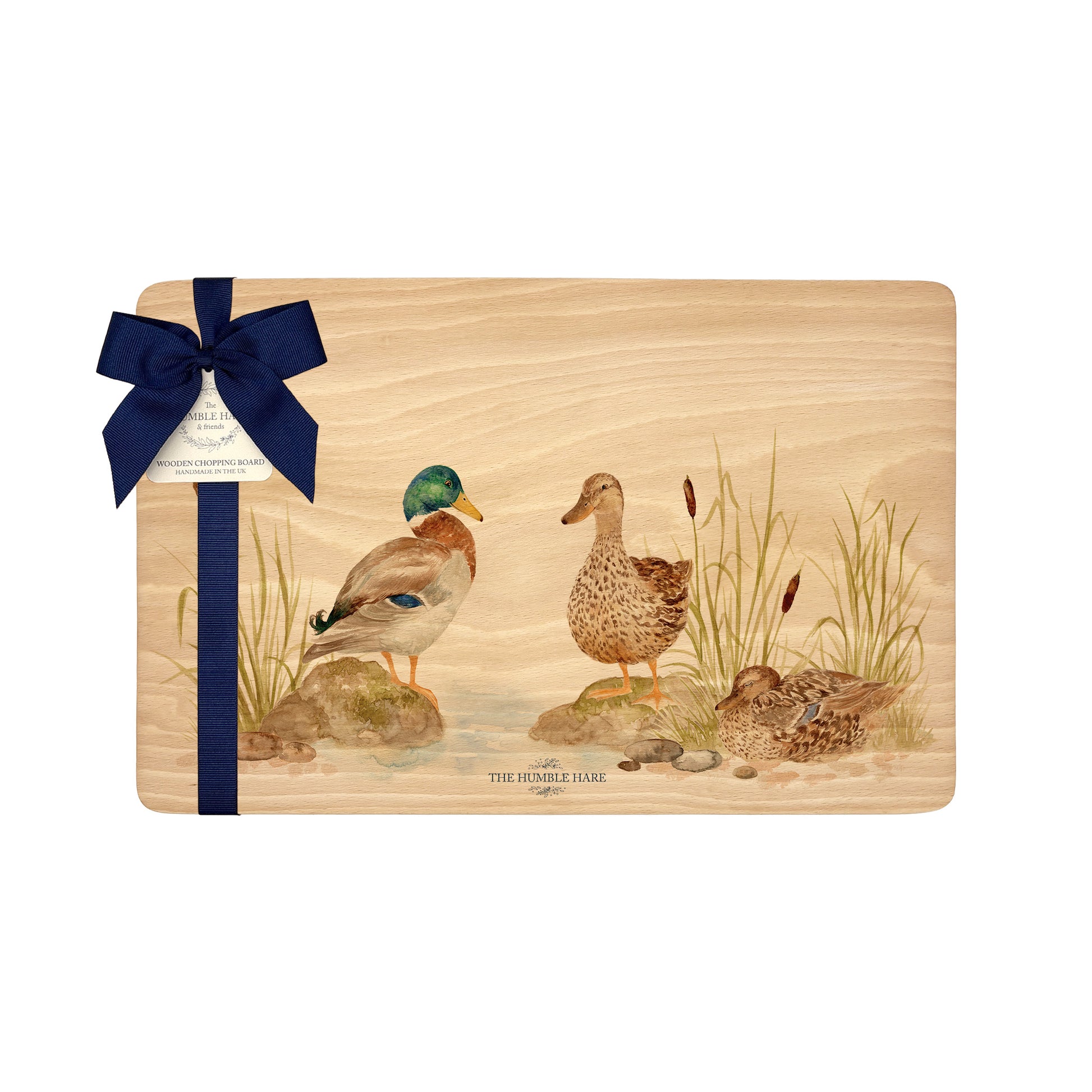 Handmade rectangular chopping board featuring a watercolour Mallard Ducks  illustration, finished with blue ribbon.
