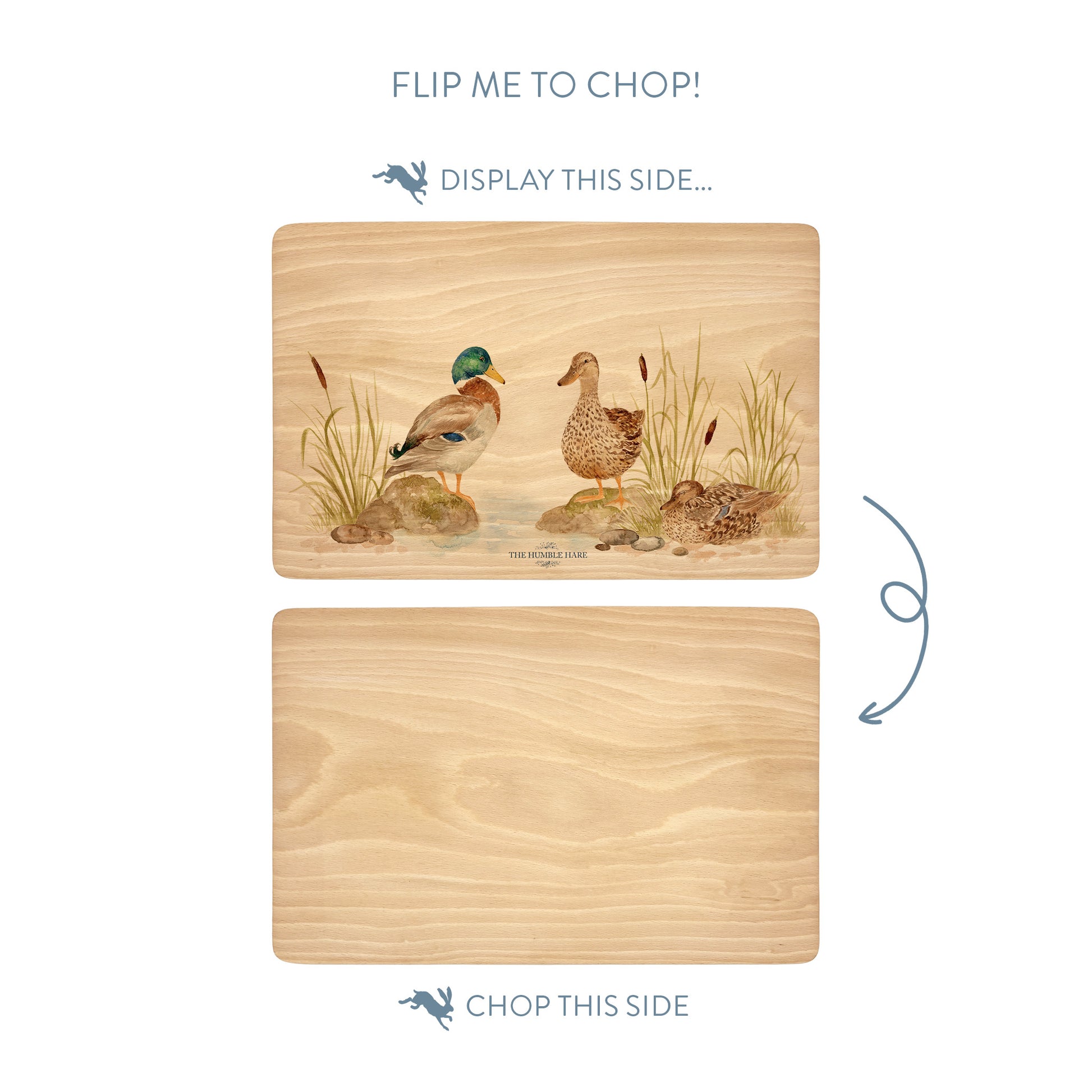 Handmade rectangular chopping board featuring a watercolour Mallard Ducks  illustration, finished with blue ribbon.