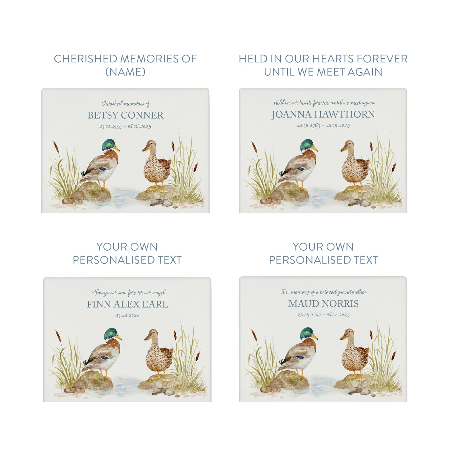 Luxury solid wooden white painted with Ducks on a bank, beautiful watercolour illustration our urns and Caskets for displaying or burying ashes. Customisable and can be personalised. Perfect funeral memory keepsake urn, for storing ashes for humans and pets. 