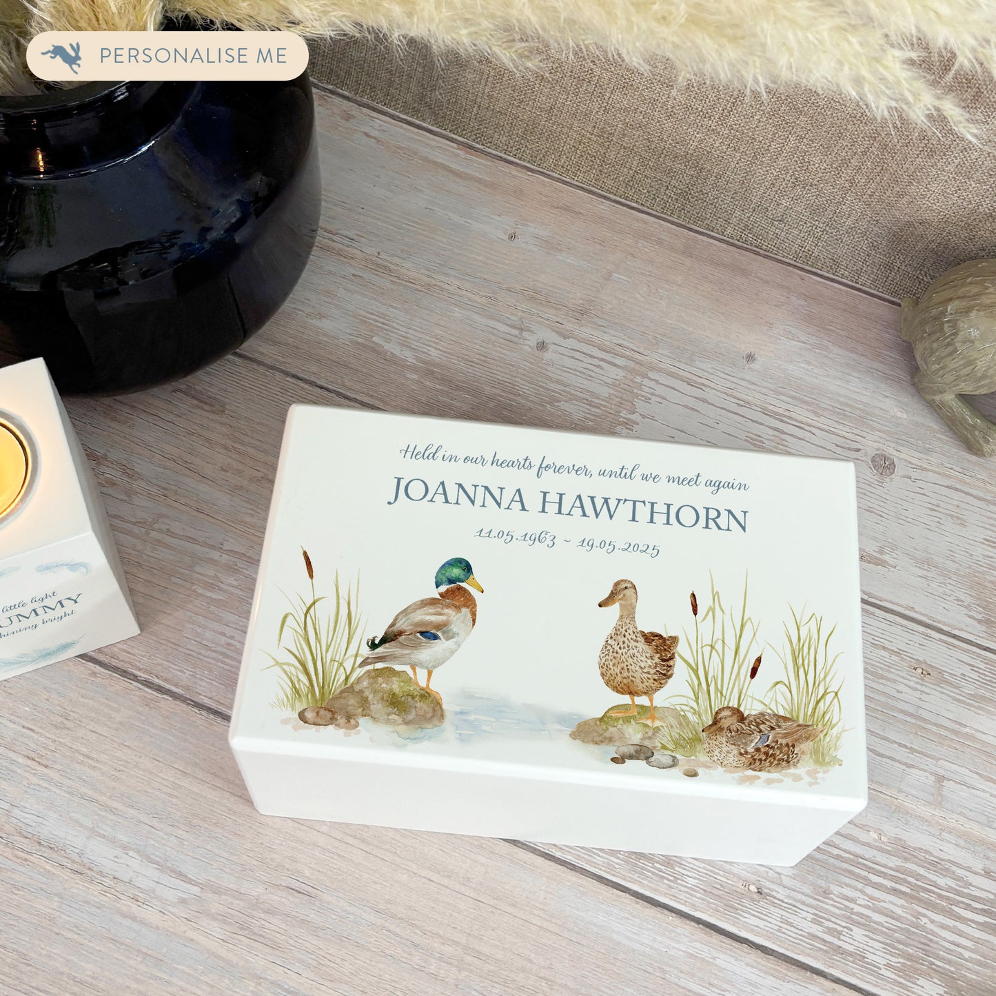 Luxury solid wooden white painted Urn ,  Featuring Ducks on a bank. A watercolour illustration, our urns and Caskets for displaying or burying ashes. Customisable and can be personalised. Perfect funeral memory keepsake urn, for storing ashes for humans and pets. 