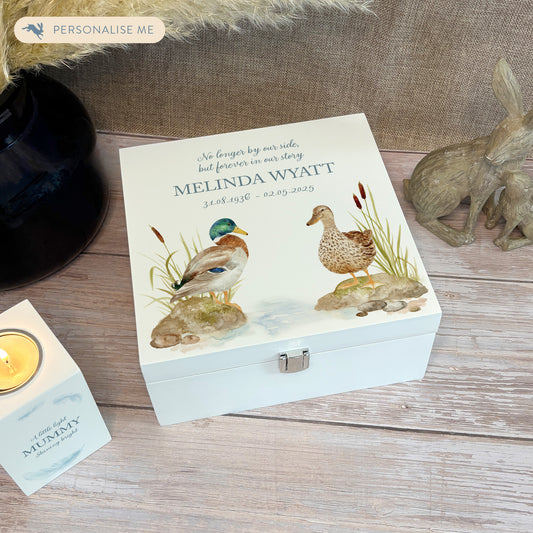 White Square personalised Wooden box with a decorative lid featuring illustrations of Ducks on a bank Perfect funeral memory keepsake box, for storing ashes, order of service, flowers and capturing your loved ones things in one place.