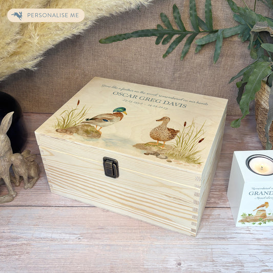Wooden box with a lid featuring an illustration of two ducks on a wooden background Perfect funeral memory keepsake box, for storing ashes, order of service, flowers, pictures. 