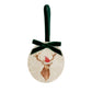 An oval marble bauble featuring a watercolour stag, with the option to add personalised text and a Santa hat. The bauble is finished with a velvet ribbon.