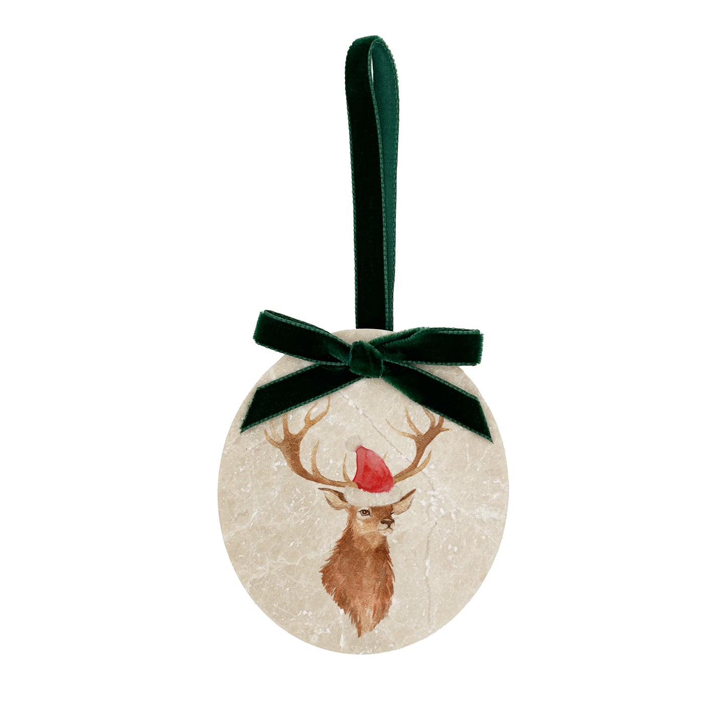 An oval marble bauble featuring a watercolour stag, with the option to add personalised text and a Santa hat. The bauble is finished with a velvet ribbon.