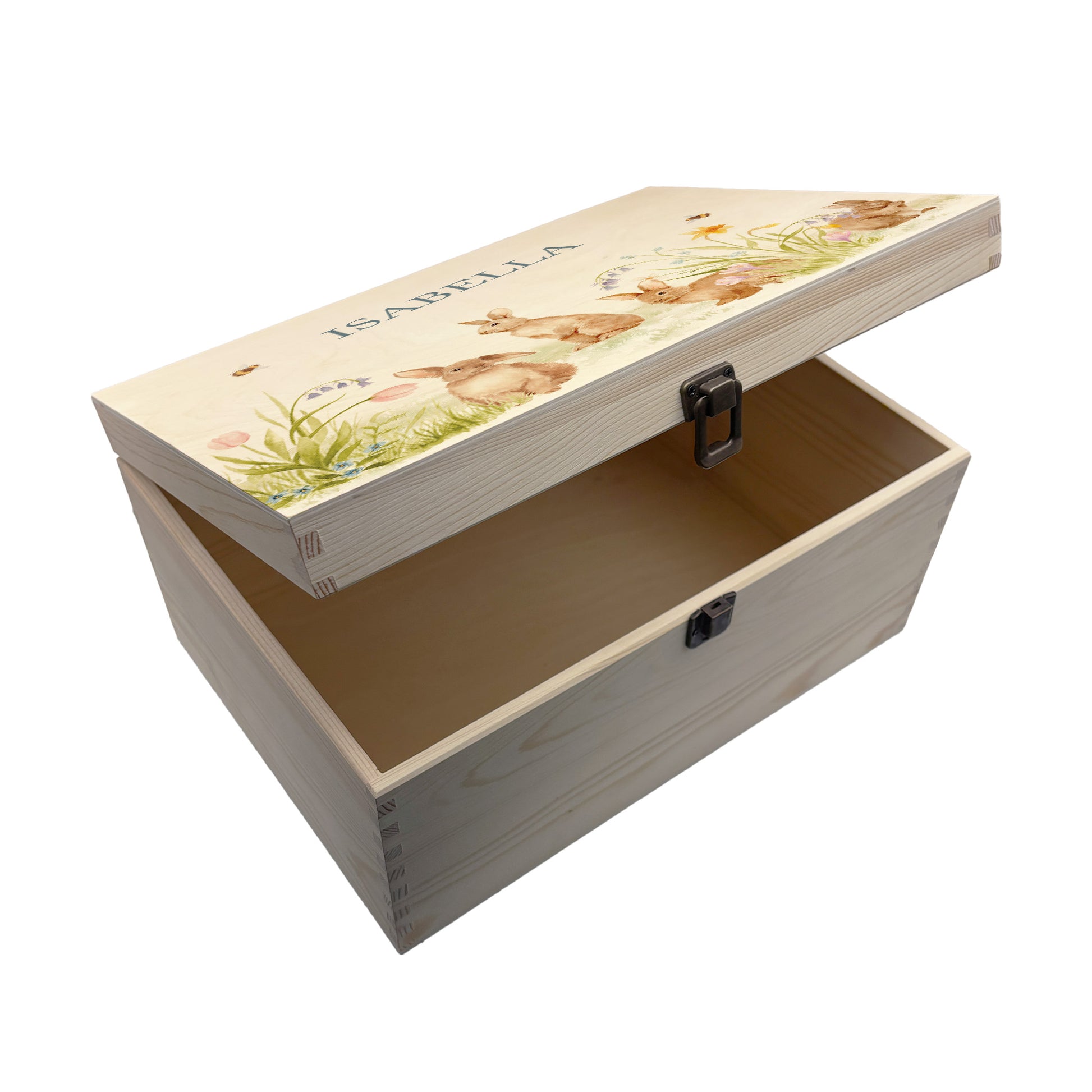 Large Easter personalised wooden pine box, perfect for Easter treats, eggs, gifting. Children gifts. This box has a beautiful easter theme with 4 bunnies surrounded by some spring flowers and some bees. This box can be personalised in 4 phrases or it can just have the design and no text. 