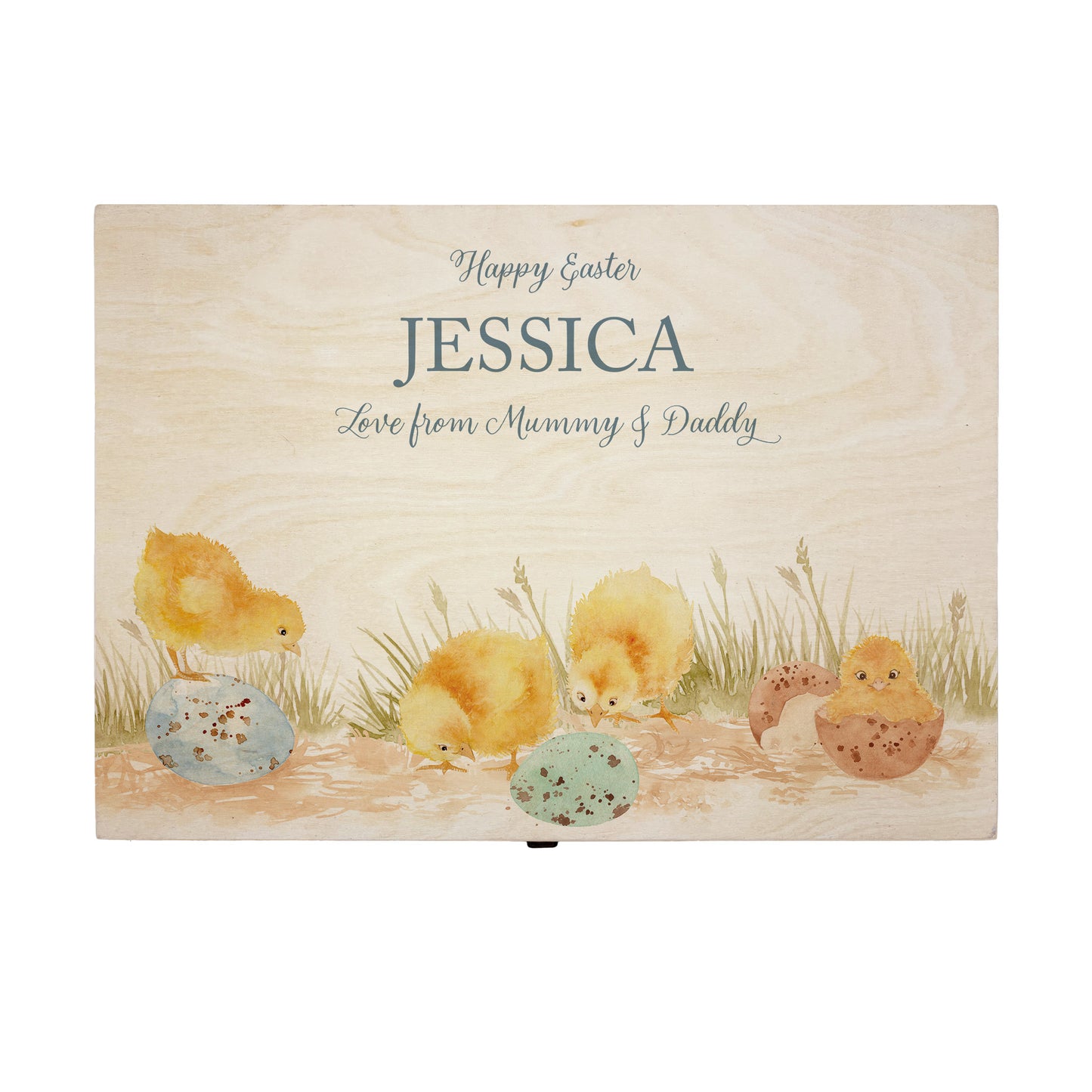 This wooden keepsake box is a large Easter box, perfect for creating a box full of Easter eggs and treats. The box is great for storing keepsakes in once the Easter treats have been eaten. This design has 4 chicks, one has a chick that has just hatched and the other 3 are looking at the pastel colour easter eggs on the floor  wondering if any more chicks may hatch or not. This gift box is perfect for filling with lots of easter treats. 