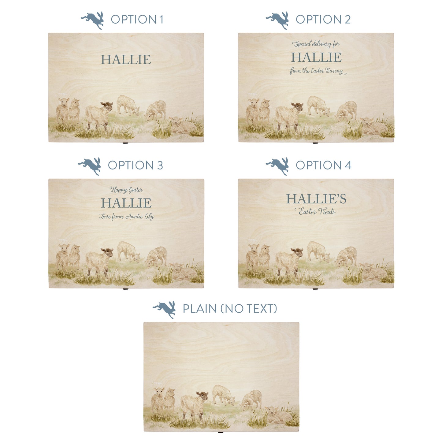 This picture shows the top of our Easter wooden pine large box. This design has 6 Easter Lambs grazing in the spring meadow, one lamb is sleeping in the spring sun. This shows you all of the personalised options available for you to order. 