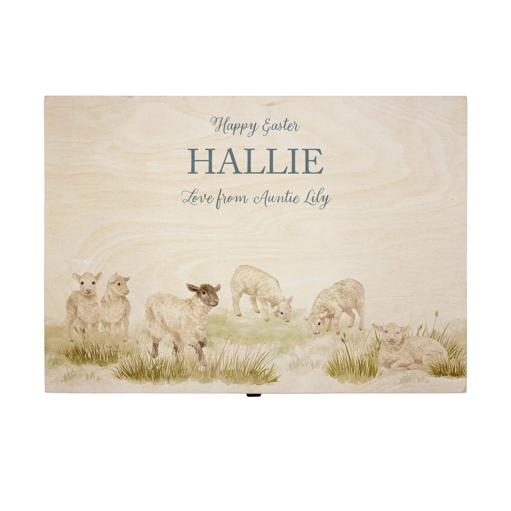 Large Easter personalised wooden pine box, perfect for Easter treats, eggs, gifting. Children gifts. This box has a beautiful easter theme of 6 Lambs grazing in the spring Meadow  This box can be personalised in 4 phrases or it can just have the design and no text. 