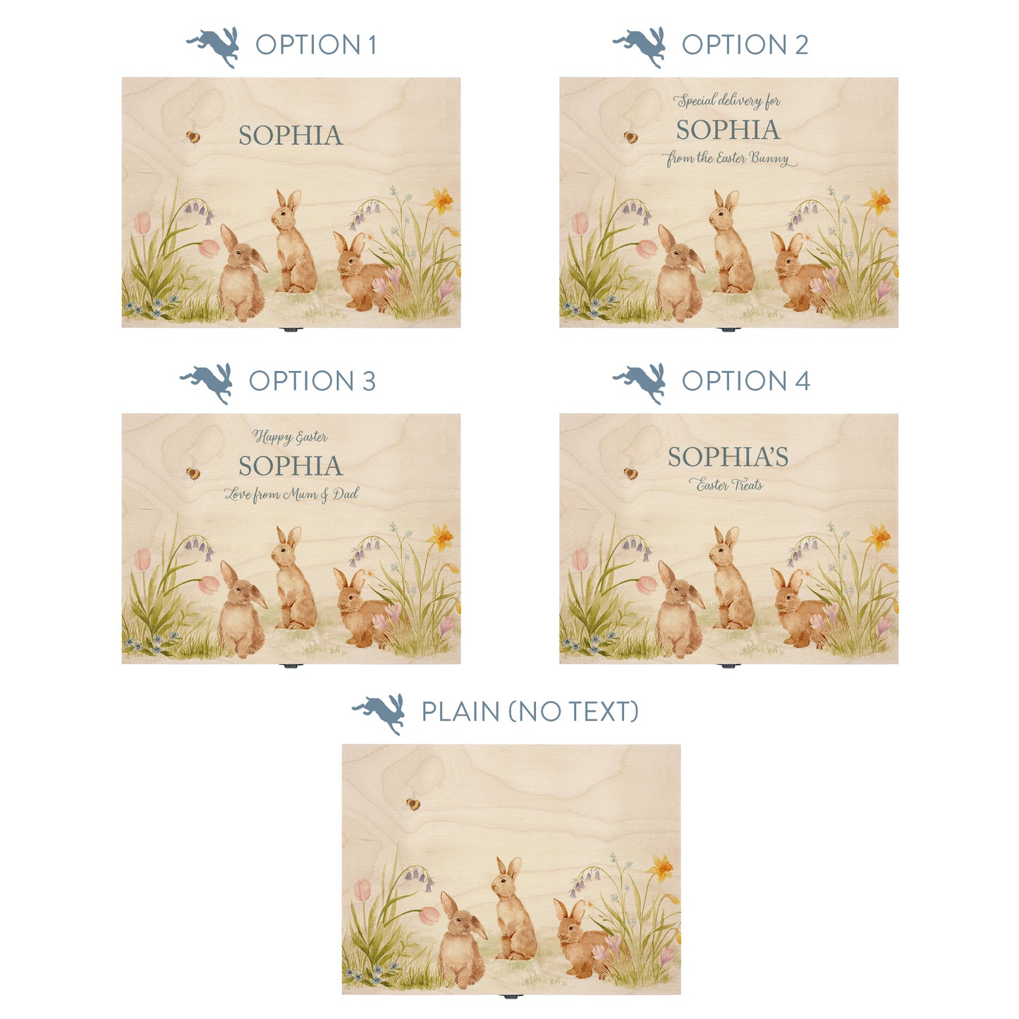 This picture shows the top of our Easter wooden pine large box. This design has 3 Easter Bunnies nestled away in spring flowers and some buzzy bees. This shows you all of the personalised options available for you to order. This is the perfect Easter gift to surprise your friend or teacher with, a great keepsake. 