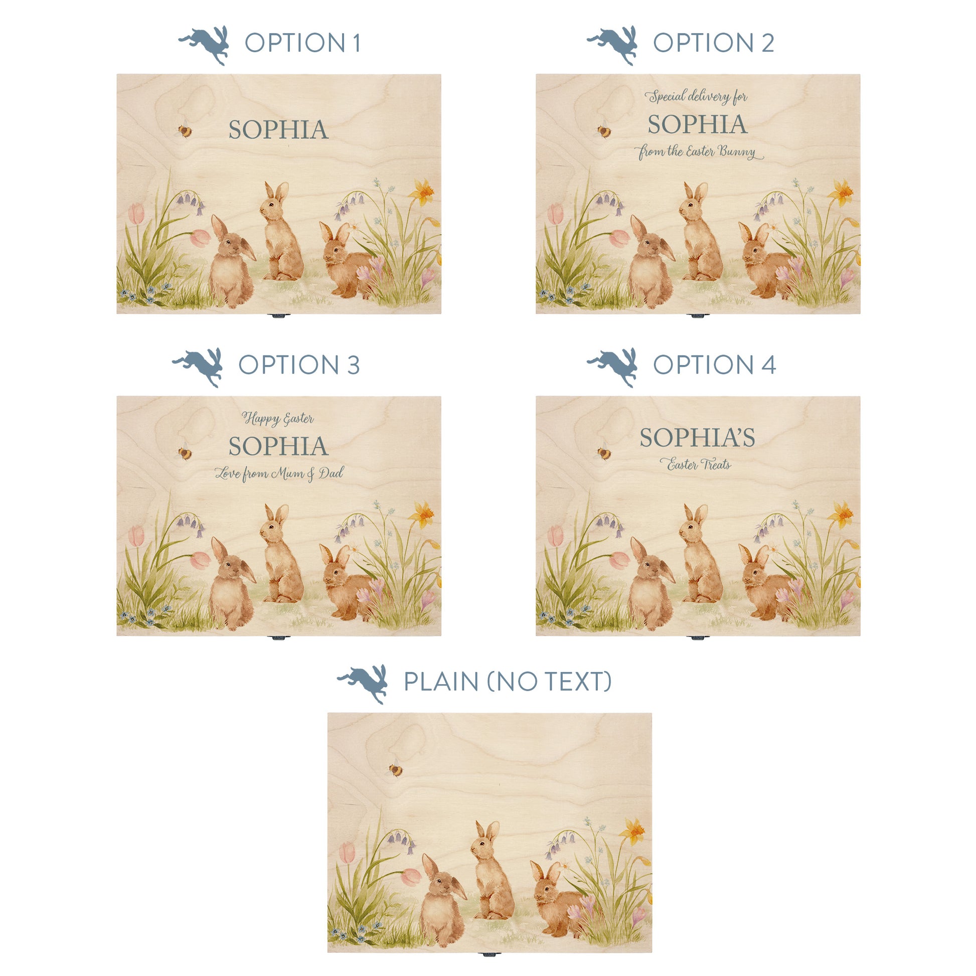 This picture shows the top of our Easter wooden pine large box. This design has 3 Easter Bunnies nestled away in spring flowers and some buzzy bees. This shows you all of the personalised options available for you to order. This is the perfect Easter gift to surprise your friend or teacher with, a great keepsake. 
