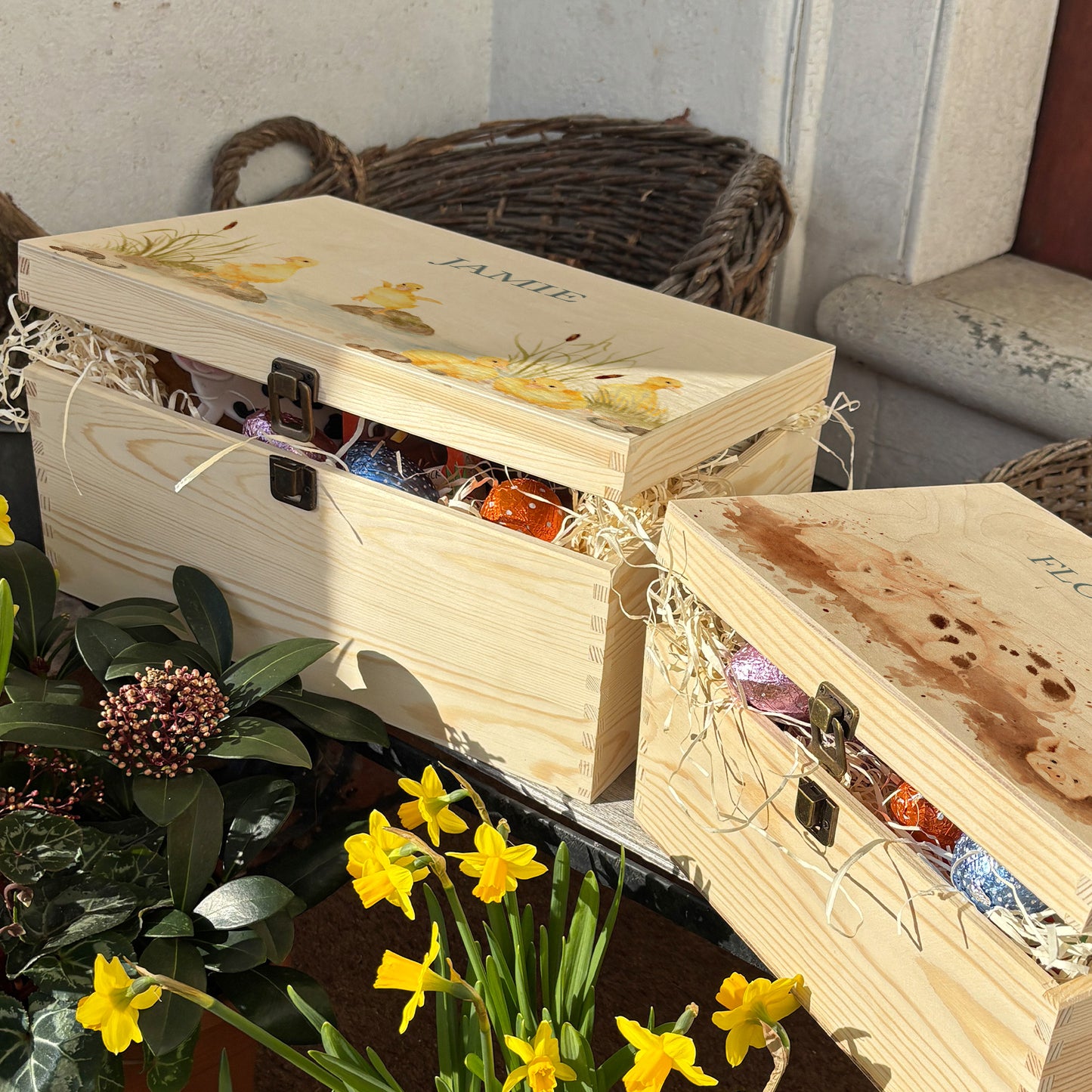 Large Easter personalised wooden pine box which has an antique clasp perfect for Easter treats, eggs, gifting. Children gifts. This box has a beautiful easter theme with 5 baby ducklings playing in a pond, with some reeds and peddles. One duckling is jumping into the pond from a rock. This box can be personalised in 4 phrases or it can just have the design and no text. The Ester box is full with lots of chocolate easters eggs and biscuits perfect for gifting. This box has been delivered by the easter bunny.