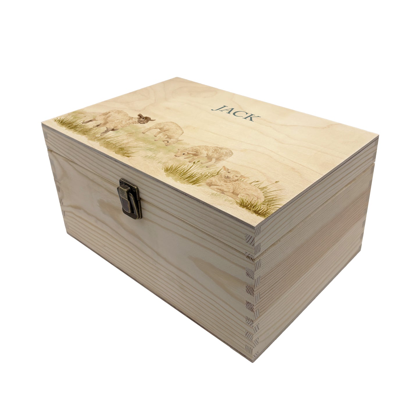 Small Easter personalised wooden pine box, perfect for Easter treats, eggs, gifting. Children gifts. This box has a beautiful easter theme of 4 Lambs grazing in the spring Meadow  This box can be personalised in 4 phrases or it can just have the design and no text. This wooden box is such a great personalised gift. 