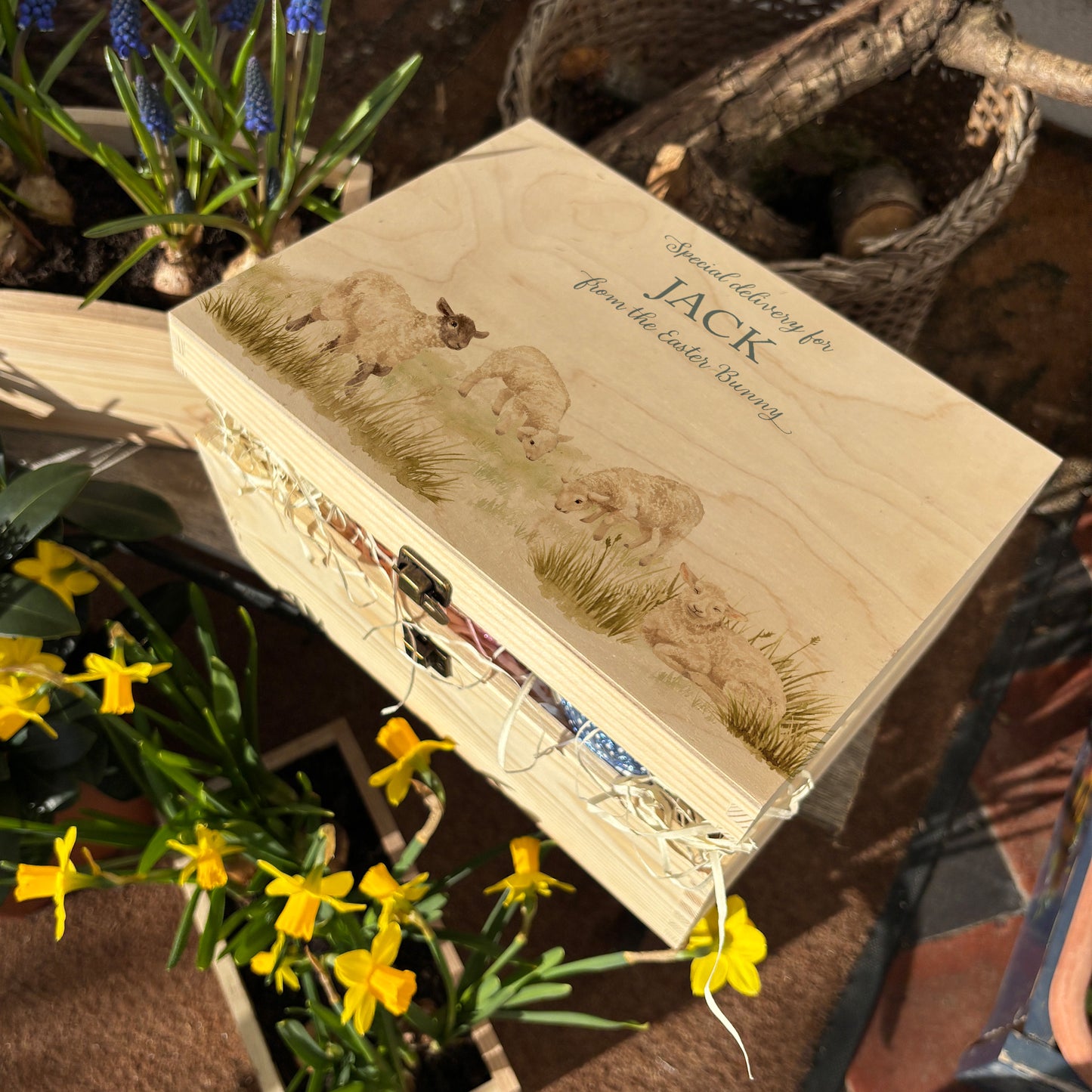 Small Easter personalised wooden pine box, perfect for Easter treats, eggs, gifting. Children gifts. This box has a beautiful easter theme of 4 Lambs grazing in the spring Meadow  This box can be personalised in 4 phrases or it can just have the design and no text. This wooden box is such a great personalised gift. This picture also shows a great example of filling your Easter box full with chocolate treats and biscuits. 