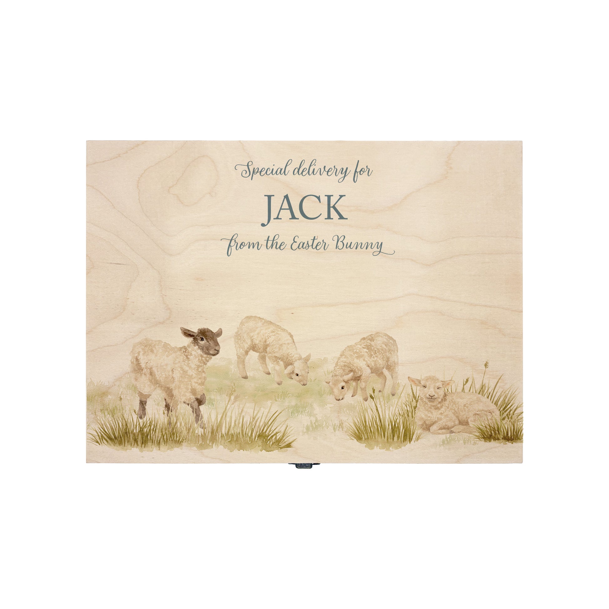 Small Easter personalised wooden pine box, perfect for Easter treats, eggs, gifting. Children gifts. This box has a beautiful easter theme of 4 Lambs grazing in the spring Meadow  This box can be personalised in 4 phrases or it can just have the design and no text. This wooden box is such a great personalised gift. 