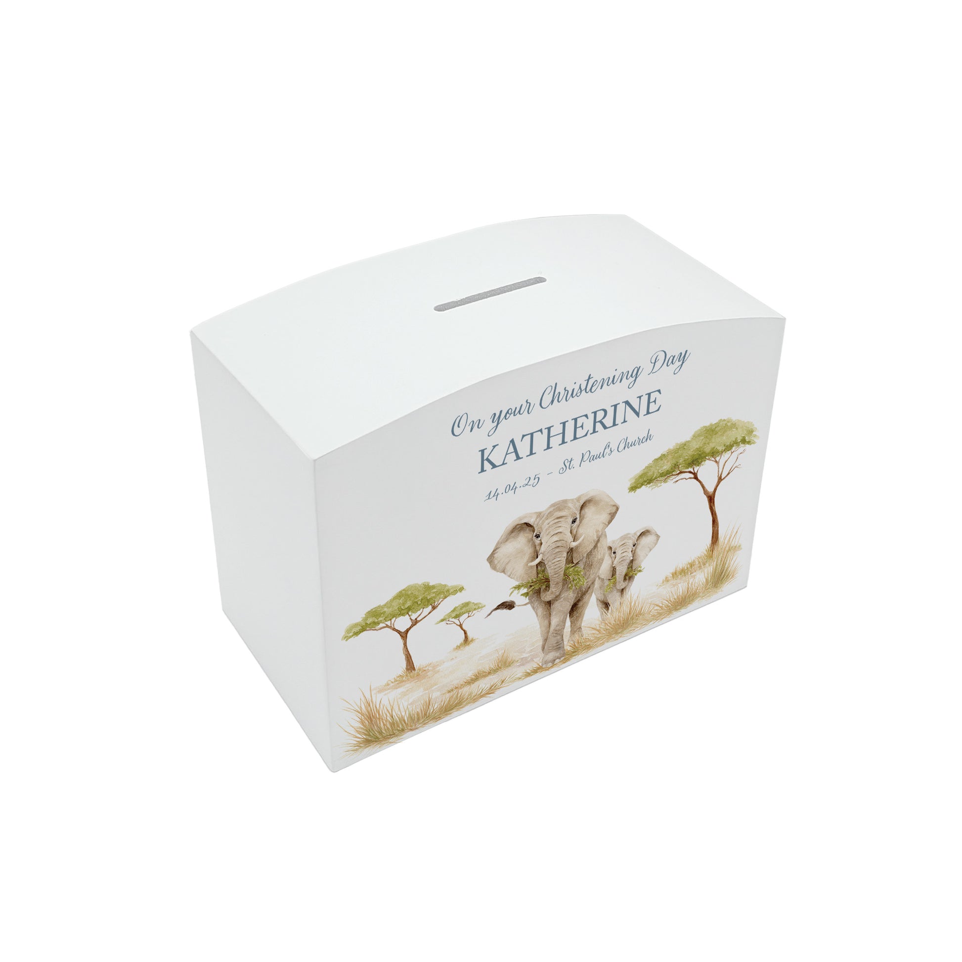 Safari themed babies money box, Featuring mum and baby elephant in a water colour theme. 