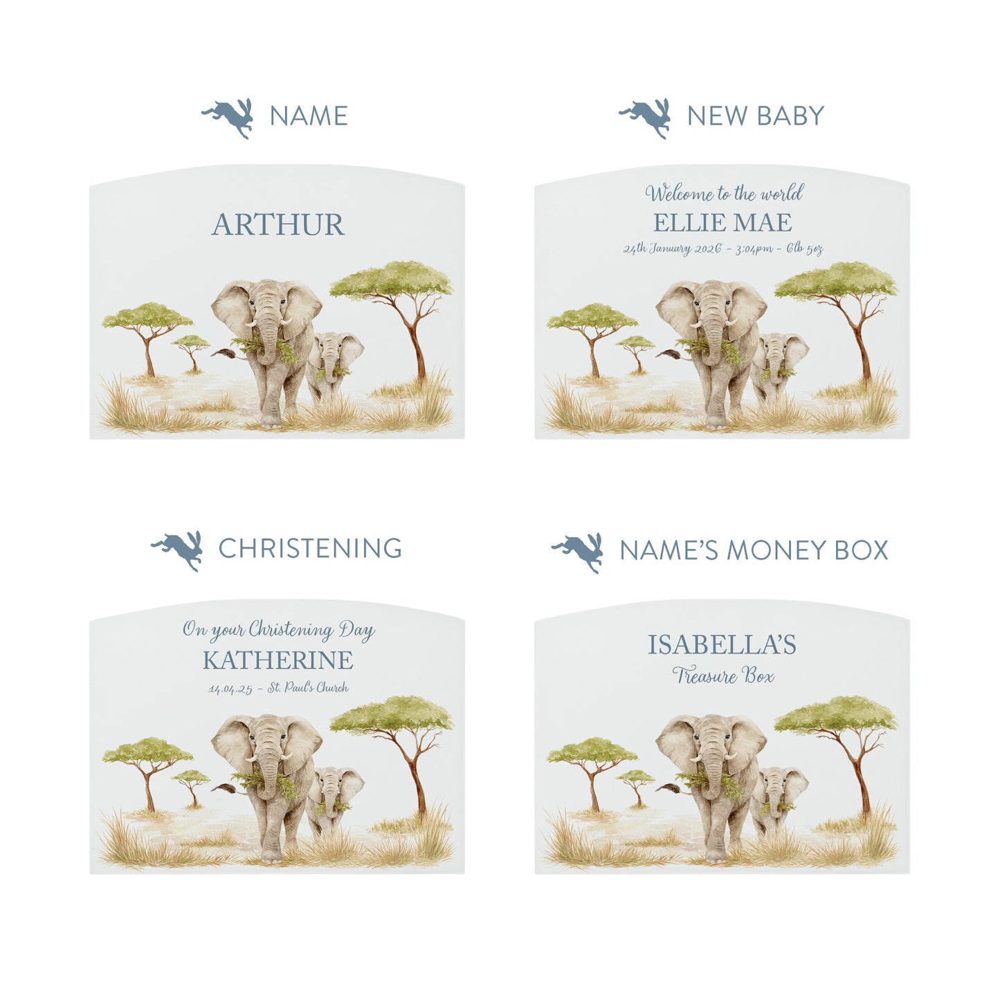 Safari themed babies money box, Featuring mum and baby elephant in a water colour theme. 