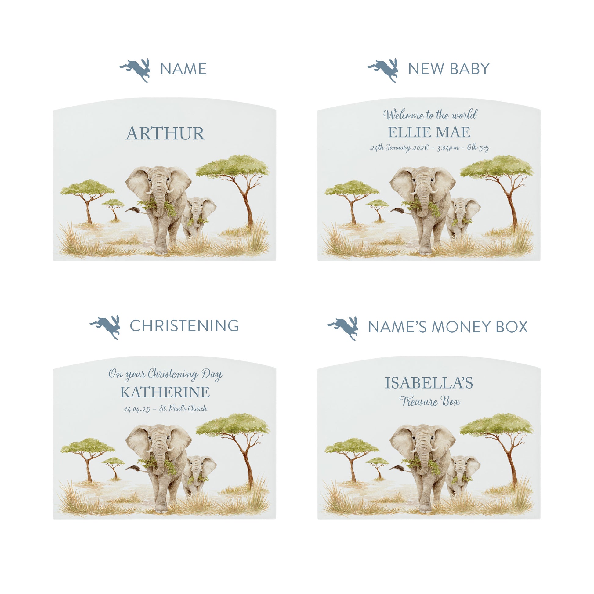 Safari themed babies money box, Featuring mum and baby elephant in a water colour theme. 
